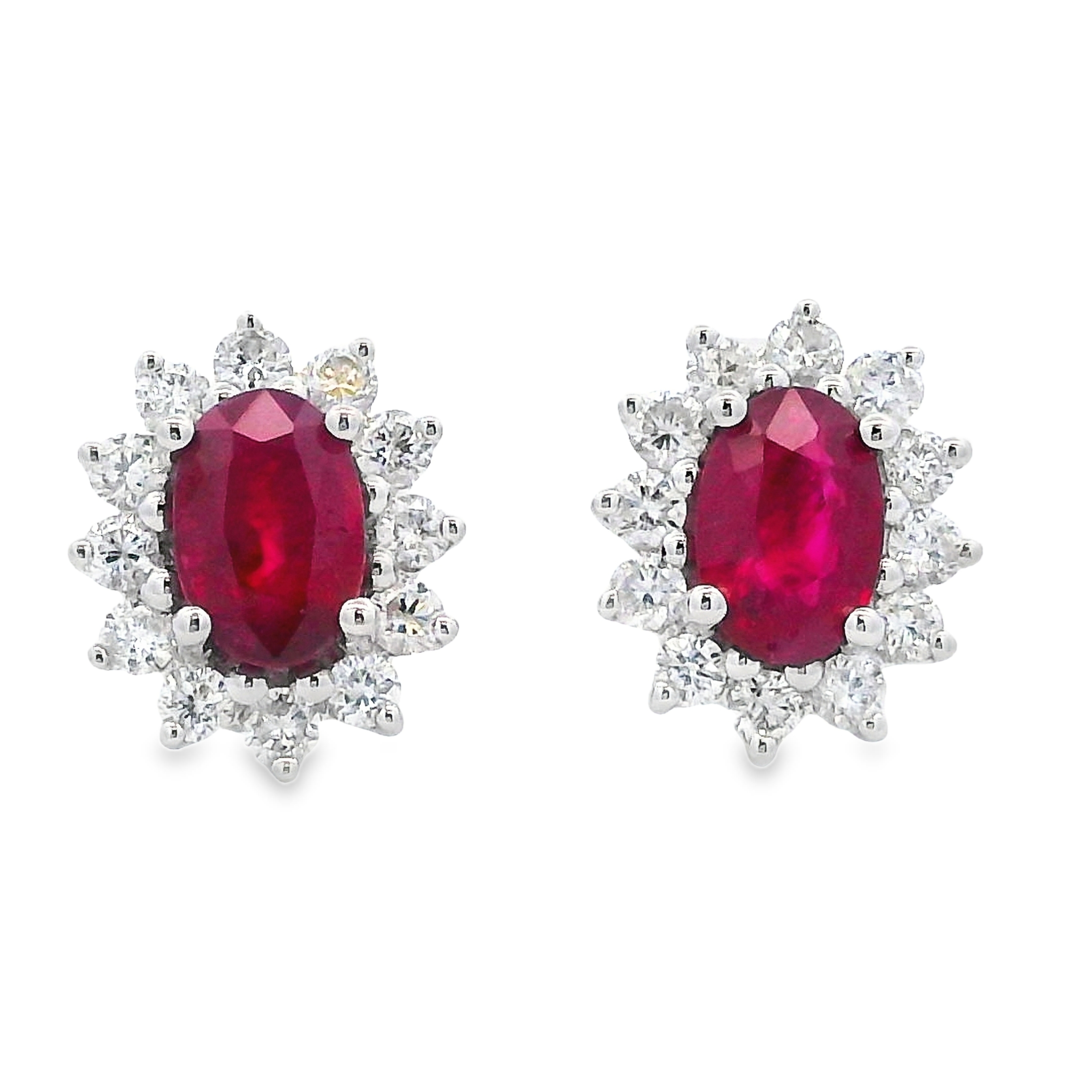 14K White Gold Oval Ruby & Diamond Burst Halo Studs
