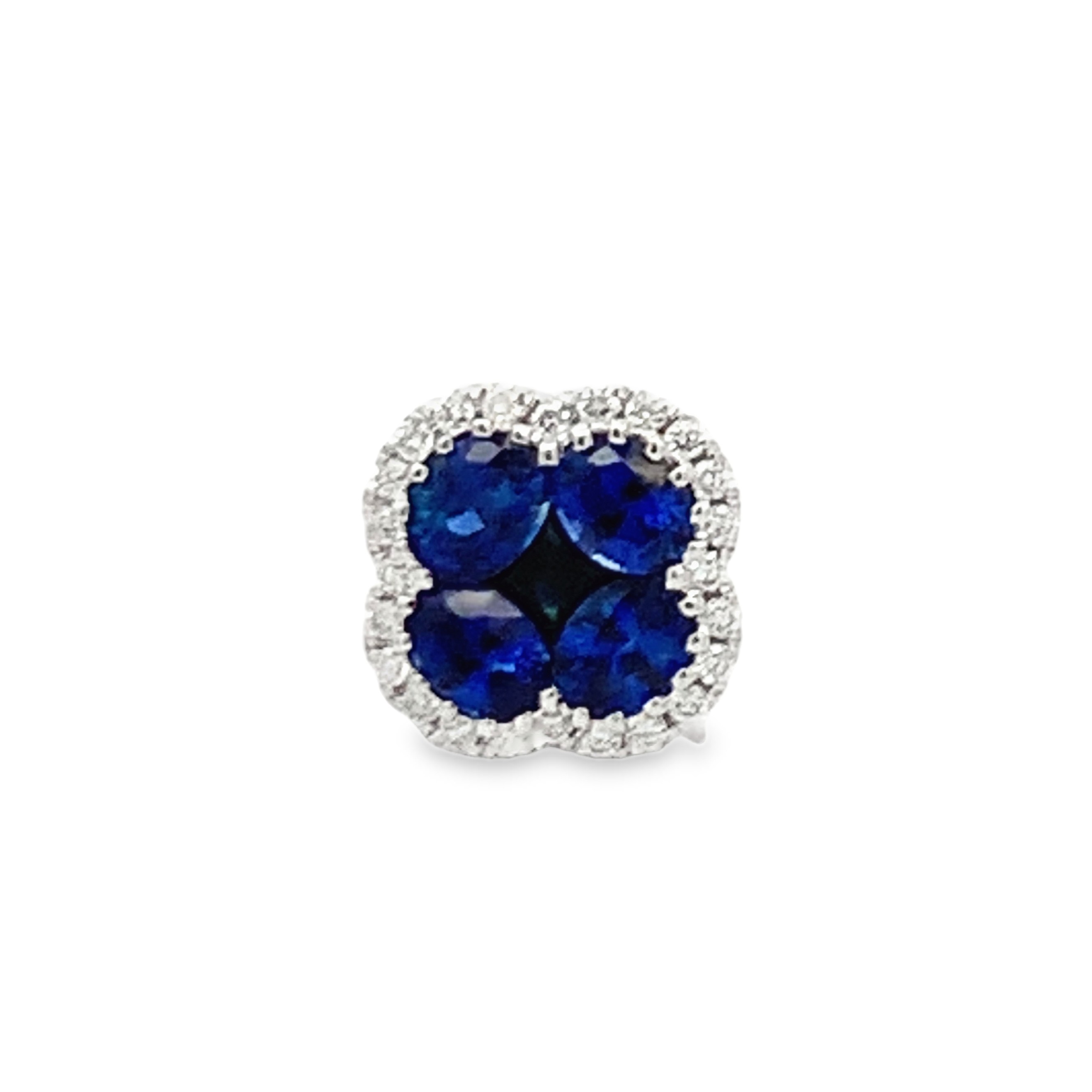 14K White Gold Sapphires and Diamonds Cluster Clover Stud Earrings with 8 Oval and 2 Princess-Cut Sapphires 1.89 CTW and 48 Round Diamonds 0.23 CTW G-H SI1