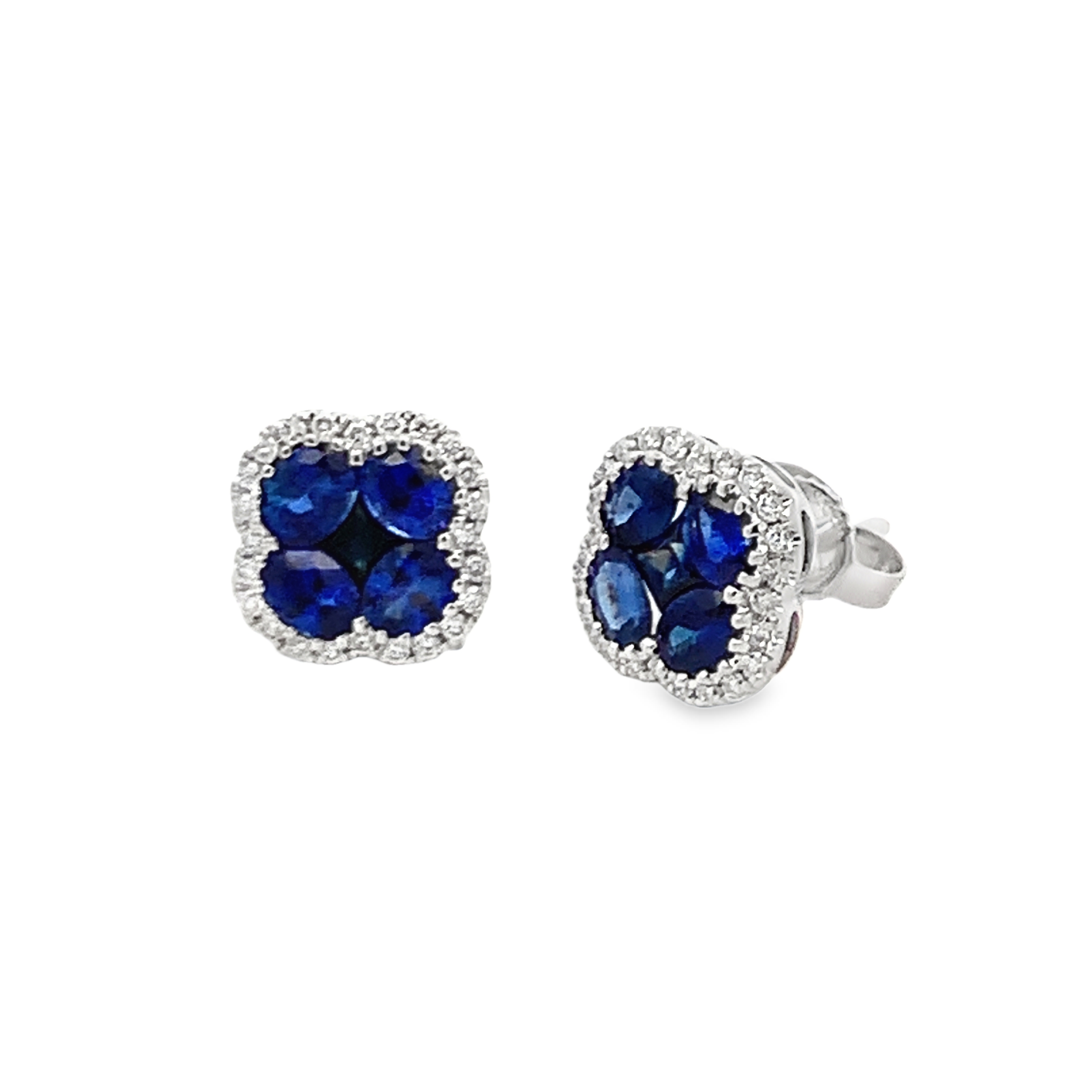 14K White Gold Sapphires and Diamonds Cluster Clover Stud Earrings with 8 Oval and 2 Princess-Cut Sapphires 1.89 CTW and 48 Round Diamonds 0.23 CTW G-H SI1