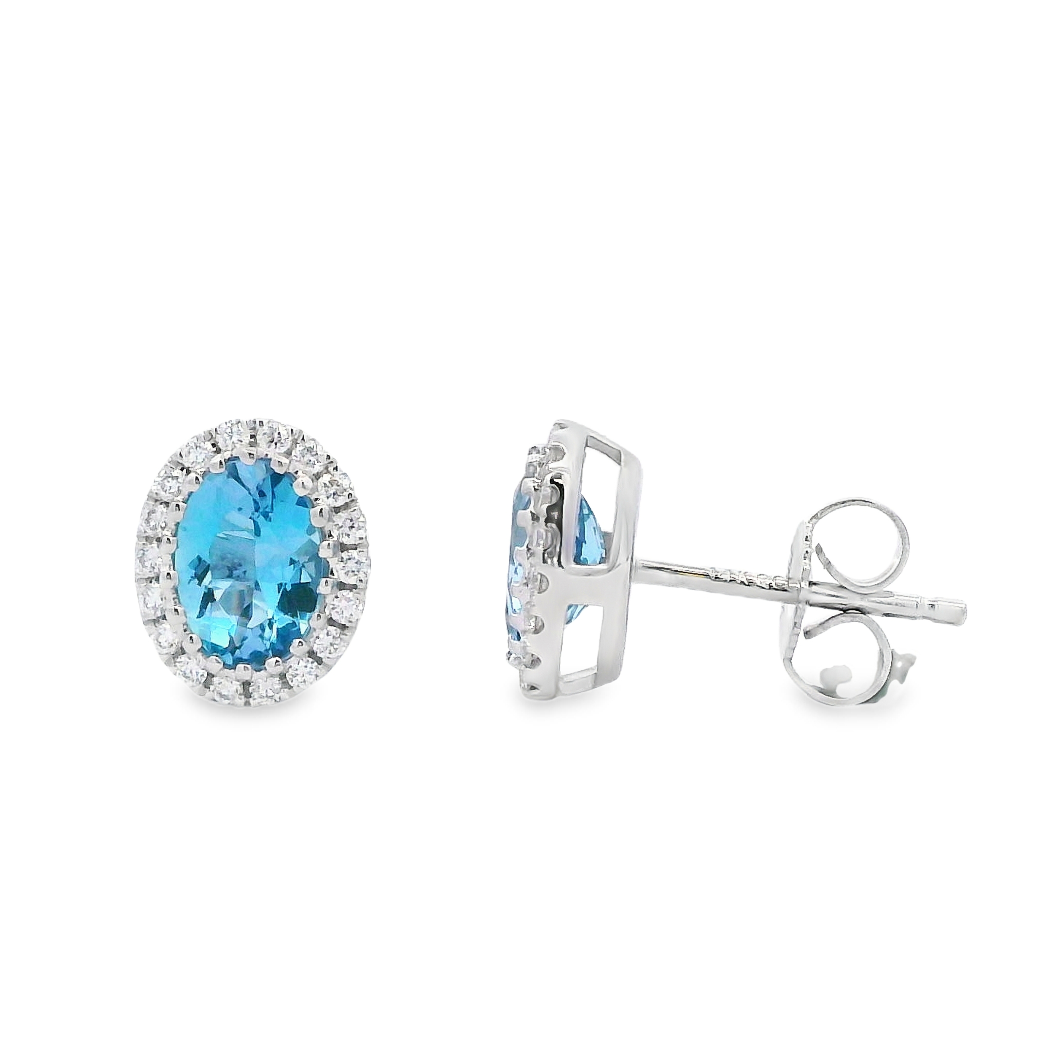 14K White Gold Oval Aquamarine & Diamond Studs
