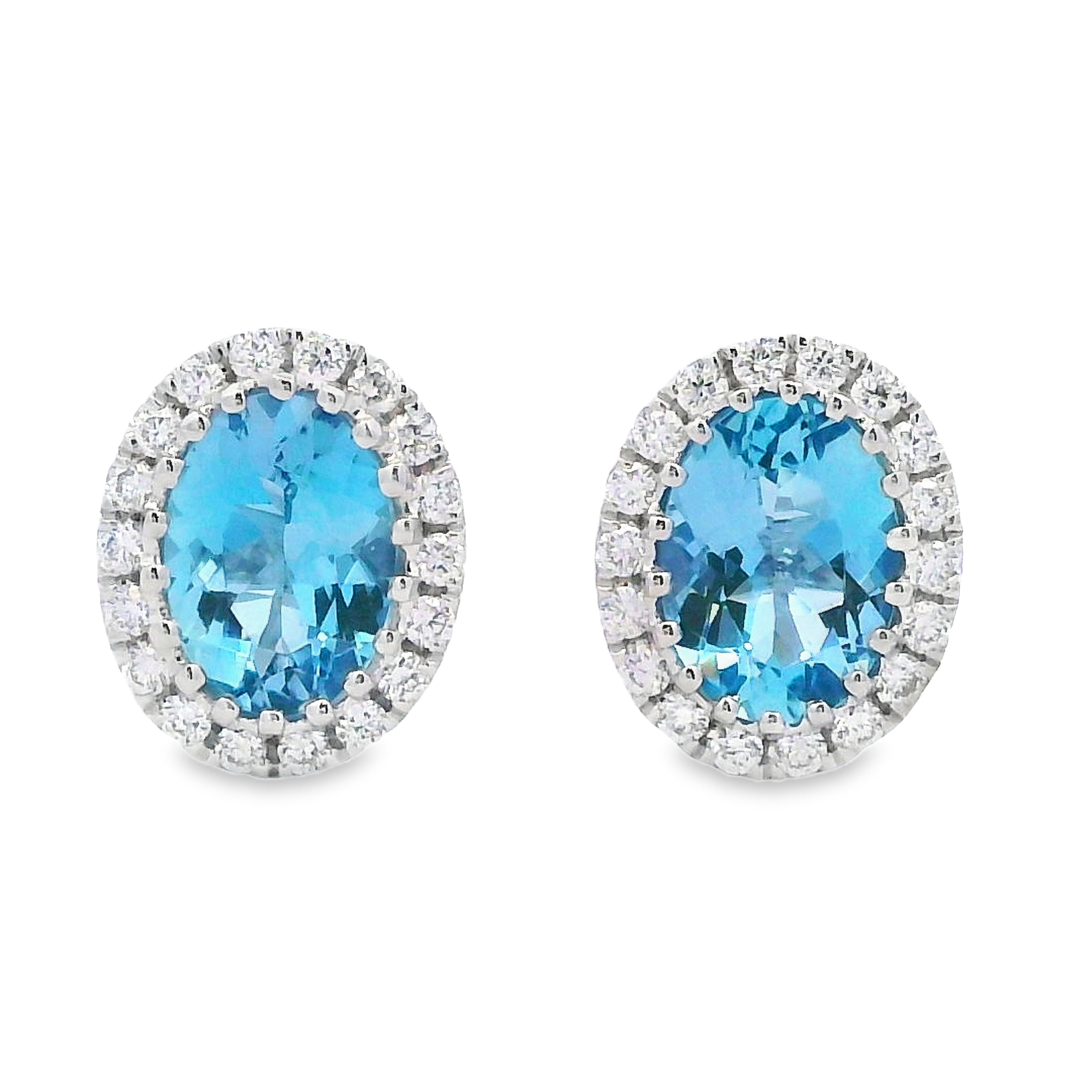 14K White Gold Oval Aquamarine & Diamond Studs