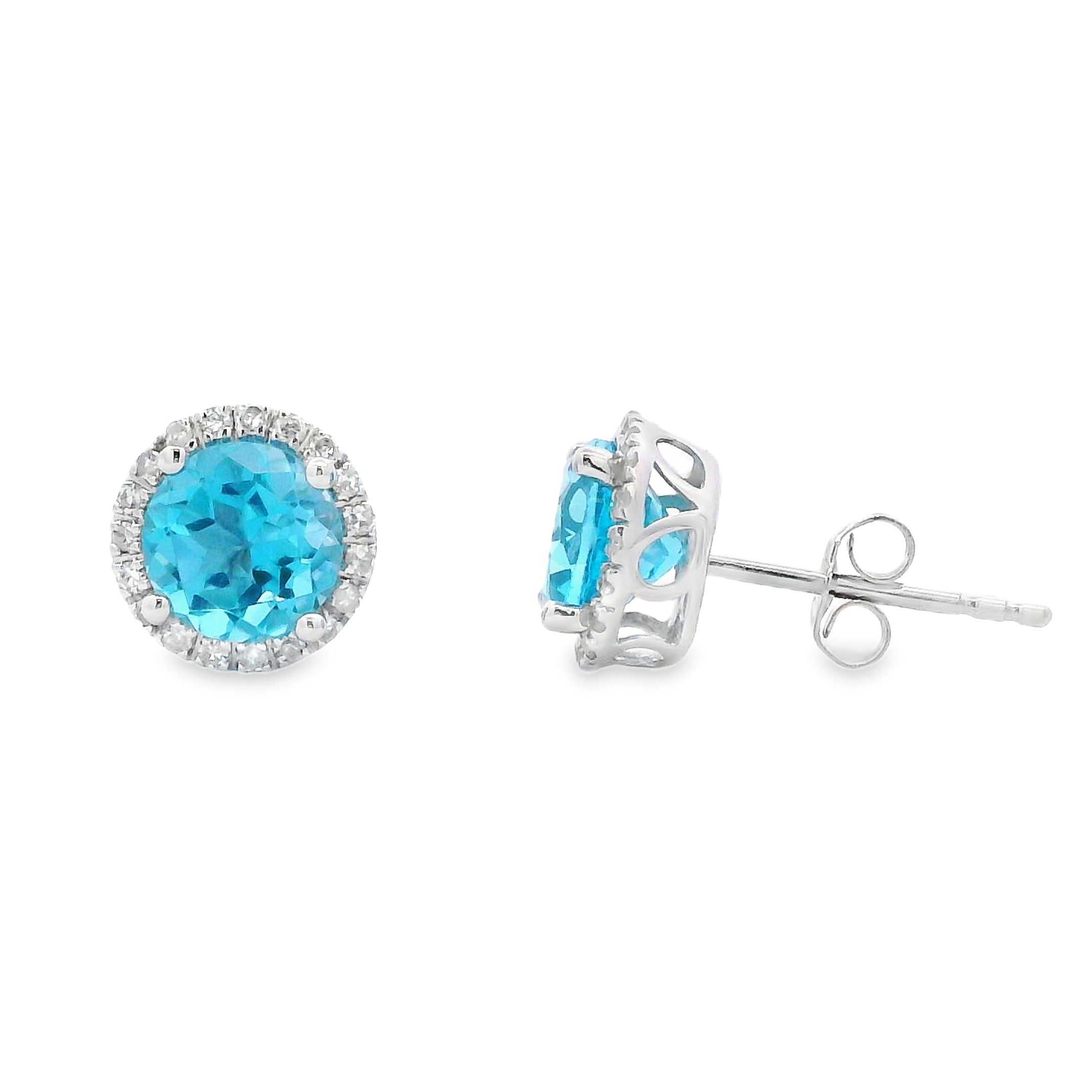 14K White Gold Blue Topaz Halo Studs