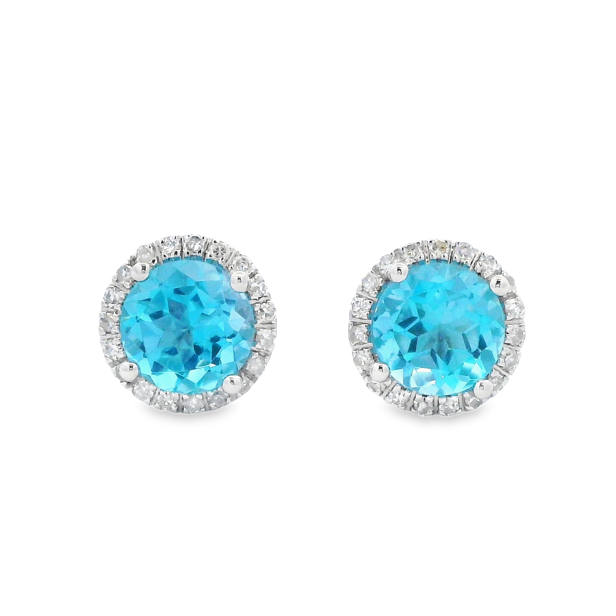 14K White Gold Blue Topaz Halo Studs
