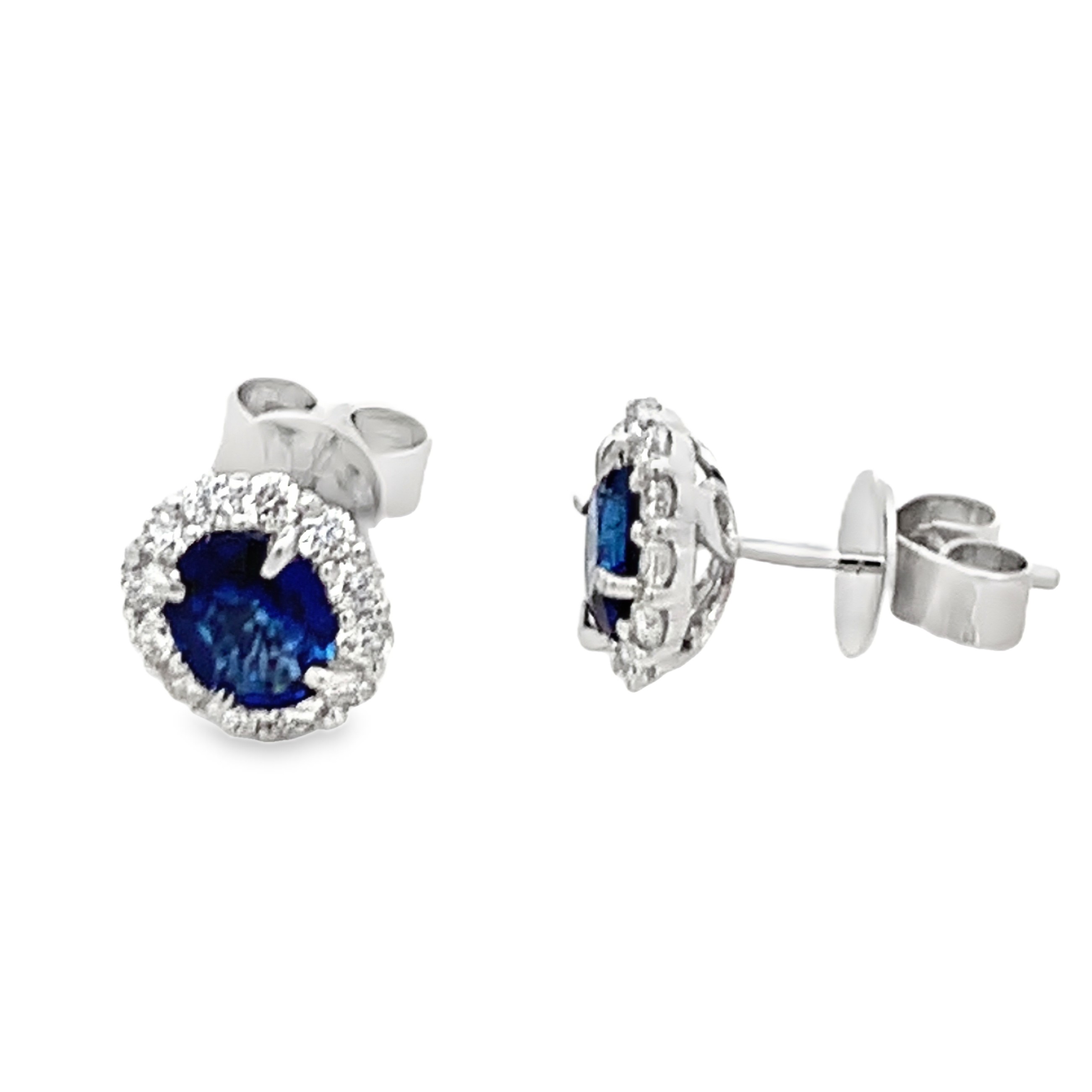 18K White Gold Sapphire and Diamond Cluster Stud Earrings with 2 Oval Cut Sapphires 1.60 CTW and 24 Round Cut Diamonds 0.60 CTW F-G VS