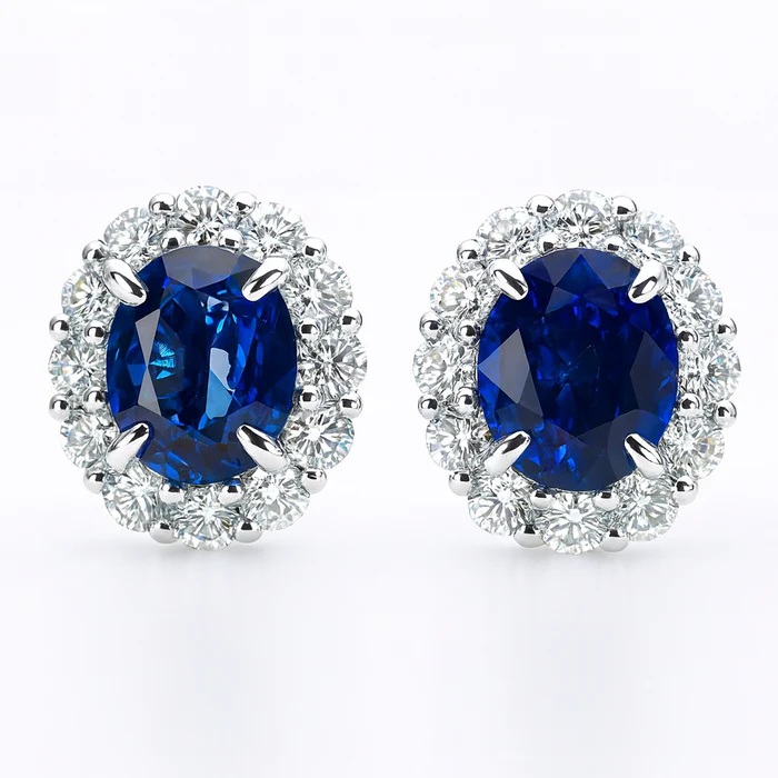 18K White Gold Sapphire and Diamond Cluster Stud Earrings with 2 Oval Cut Sapphires 1.60 CTW and 24 Round Cut Diamonds 0.60 CTW F-G VS