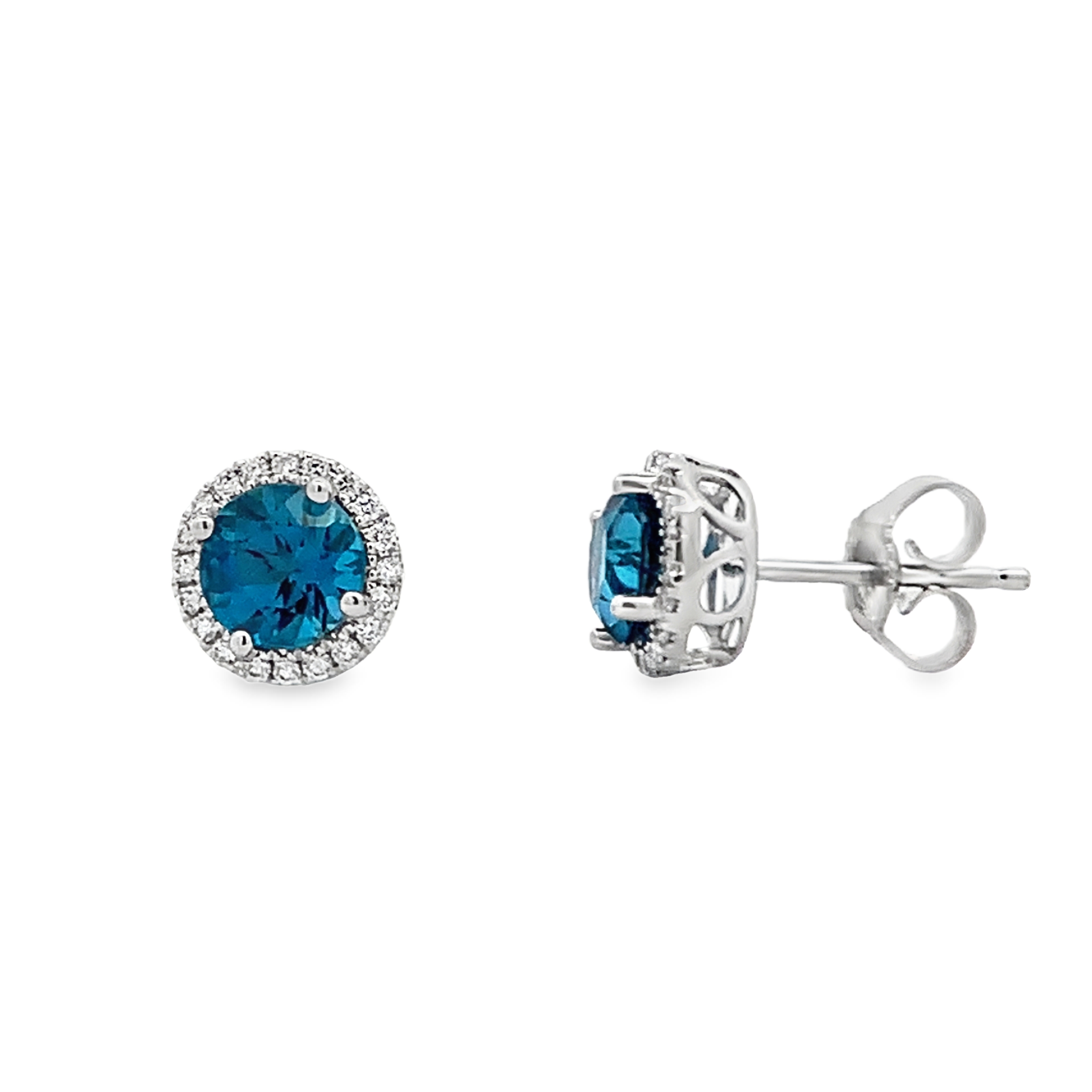 14K White Gold London Blue Topaz and Diamond Halo Earrings