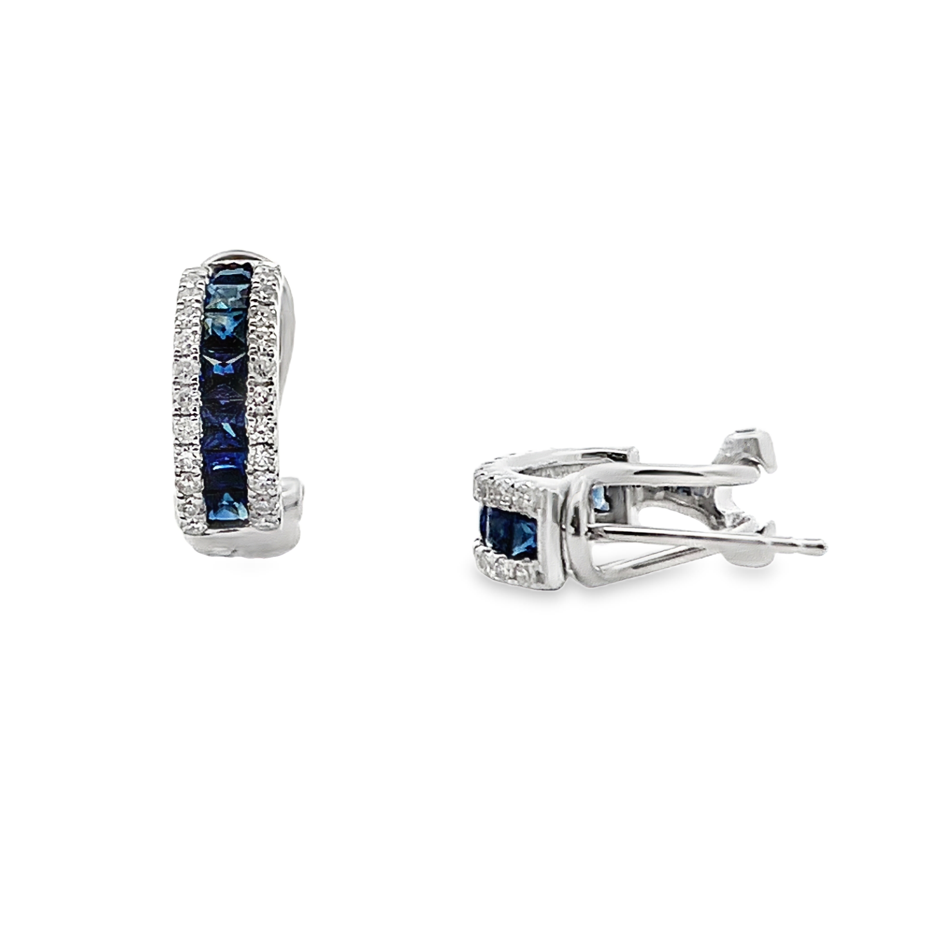 14K White Gold Sapphire and Diamond Huggies with Lever Back