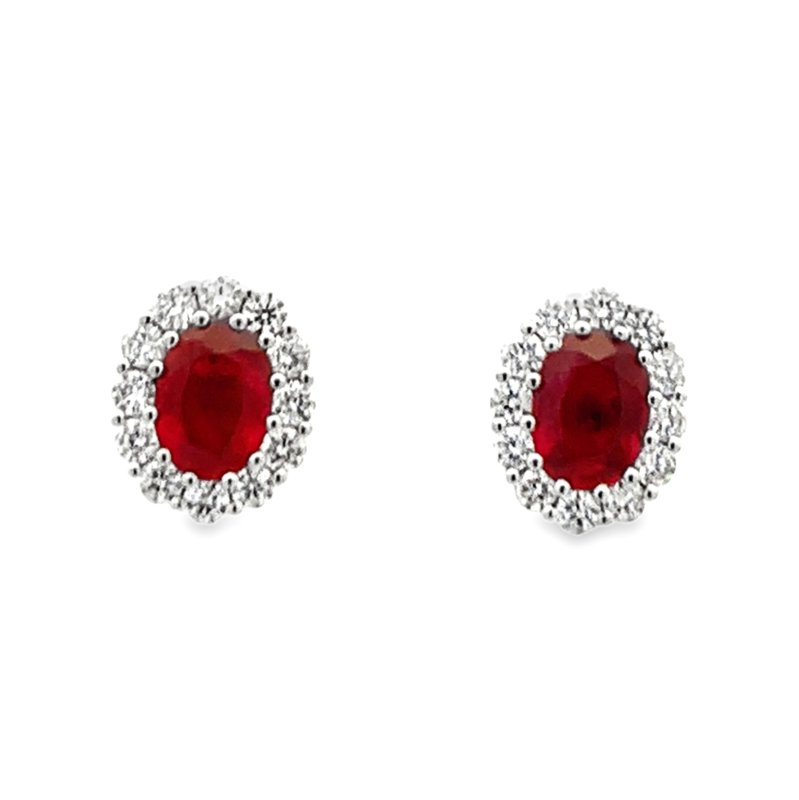 14K White Gold Oval Ruby and Diamond Halo Stud Earrings