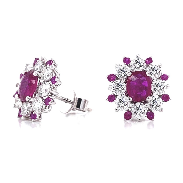 14K White Gold Oval Pink Sapphires and Diamond Halo Stud Earrings