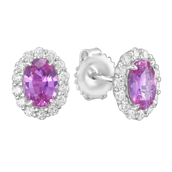 14K White Gold Oval Pink Sapphire and Diamond Halo Stud Earrings