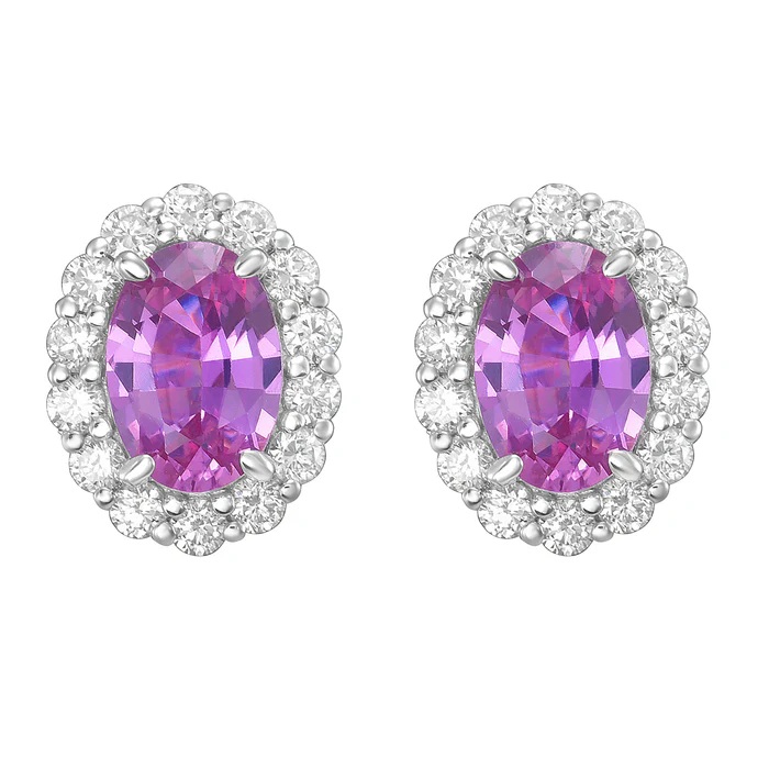 14K White Gold Oval Pink Sapphire and Diamond Halo Stud Earrings