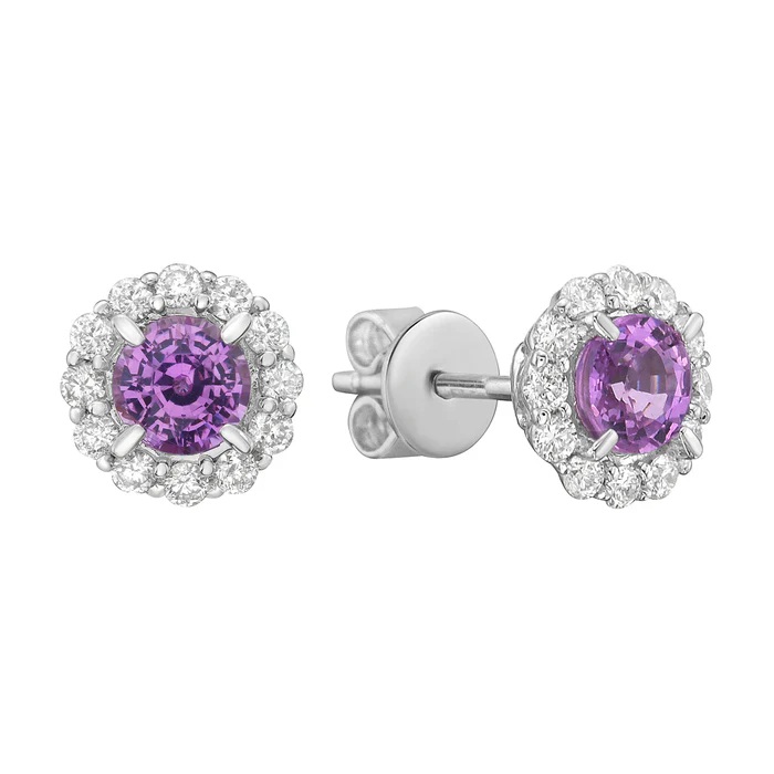 14K White Gold Pink Sapphires and Diamond Halo Stud Earrings