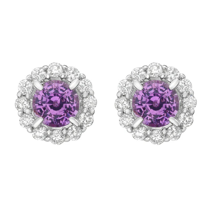 14K White Gold Pink Sapphires and Diamond Halo Stud Earrings