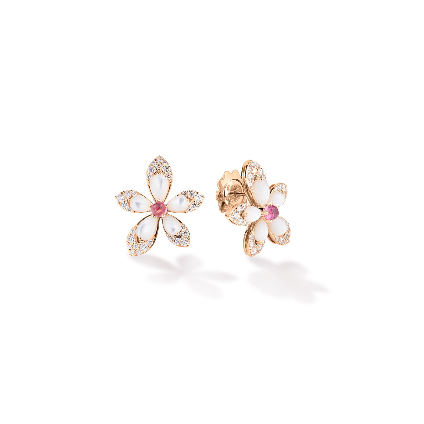 Roberto Coin 18 Karat Rose Gold Tiare Diamond, Rubellite and Mother of Pearl Flower Stud Earrings