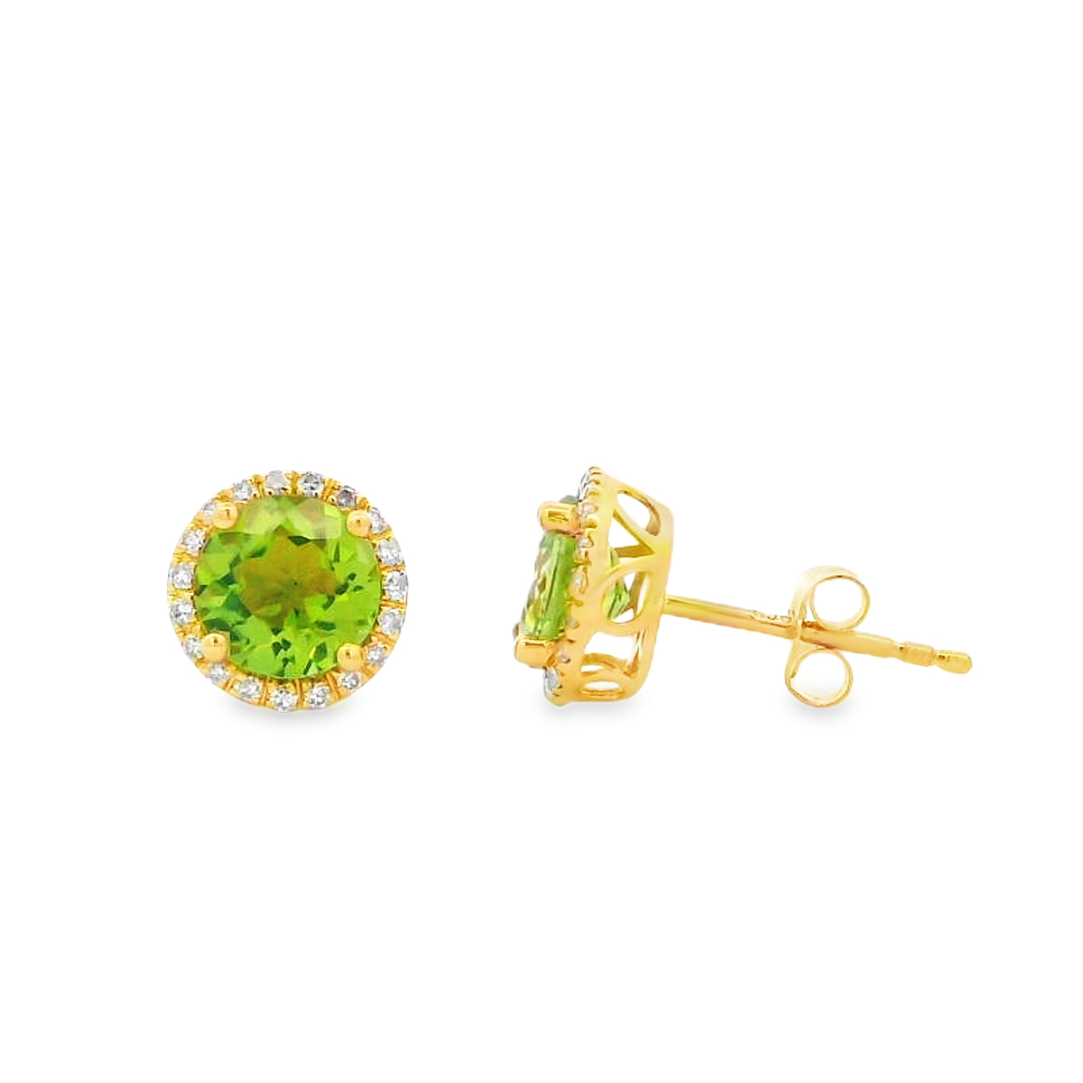 14K Yellow Gold Peridot Diamond Halo Studs