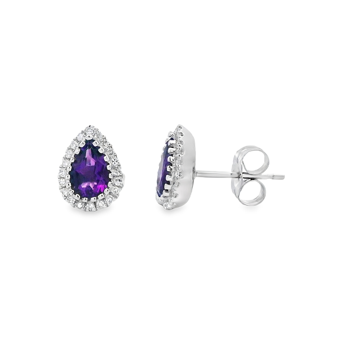 14K White Gold Pear-Shaped Amethyst Diamond Halo Studs