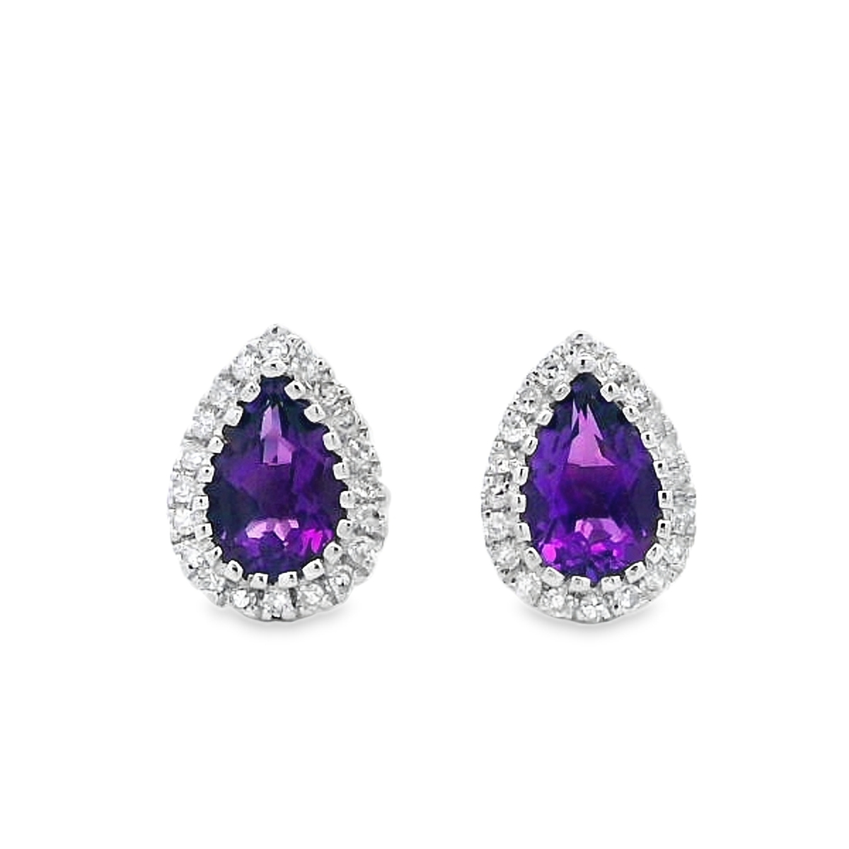 14K White Gold Pear-Shaped Amethyst Diamond Halo Studs