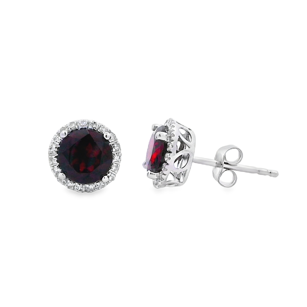 14K White Gold Garnet Diamond Halo Studs
