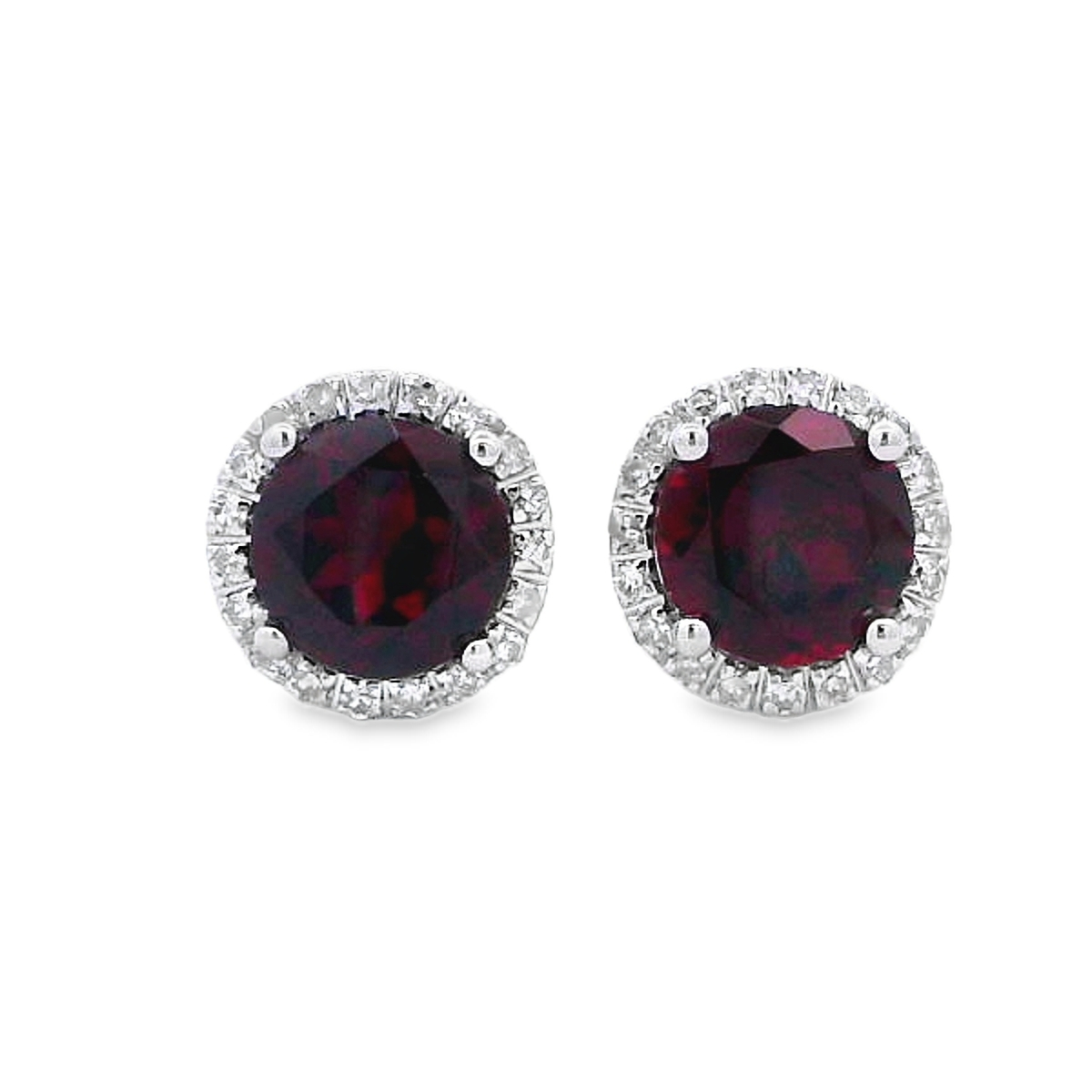 14K White Gold Garnet Diamond Halo Studs