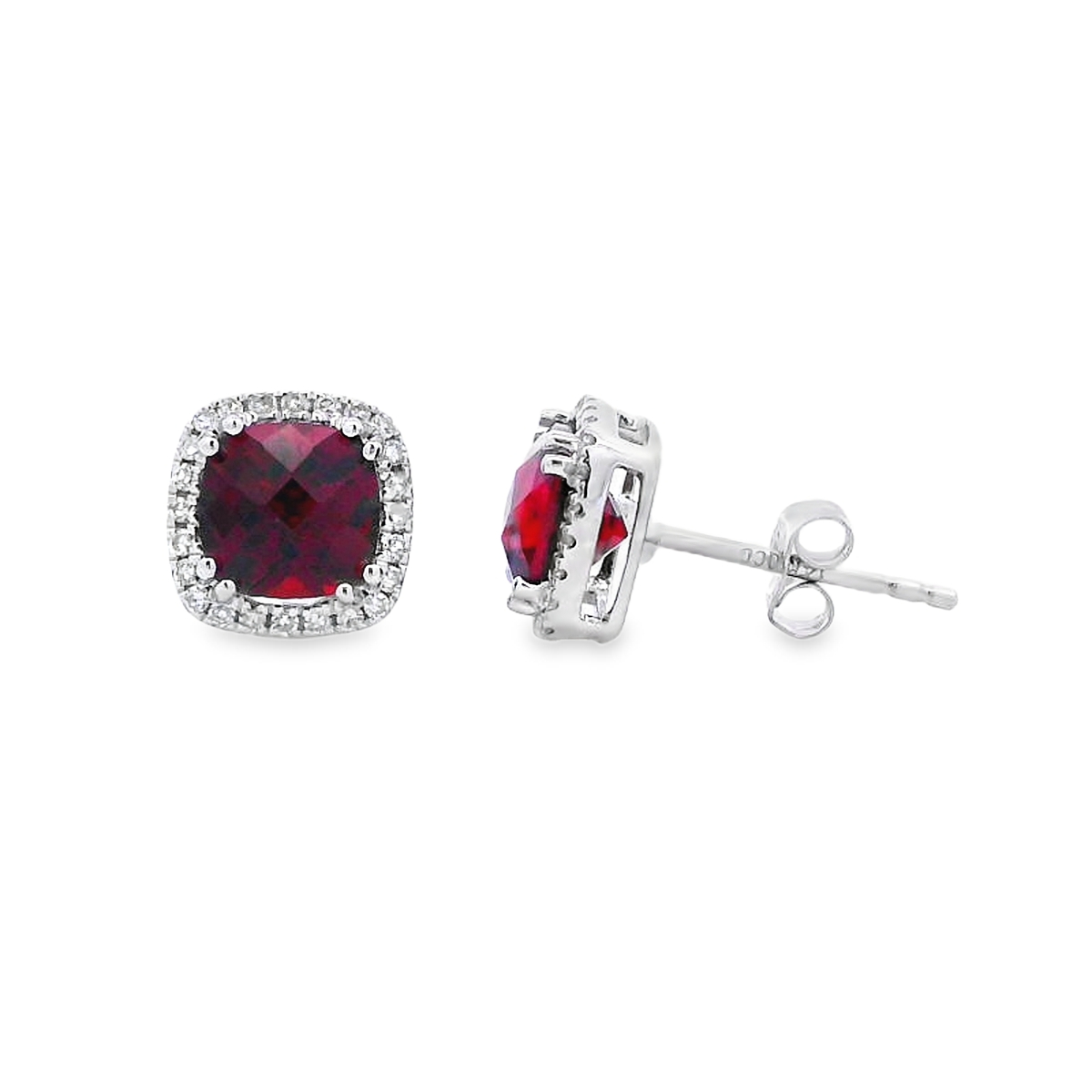 14K White Gold Cushion Garnet Diamond Halo Studs