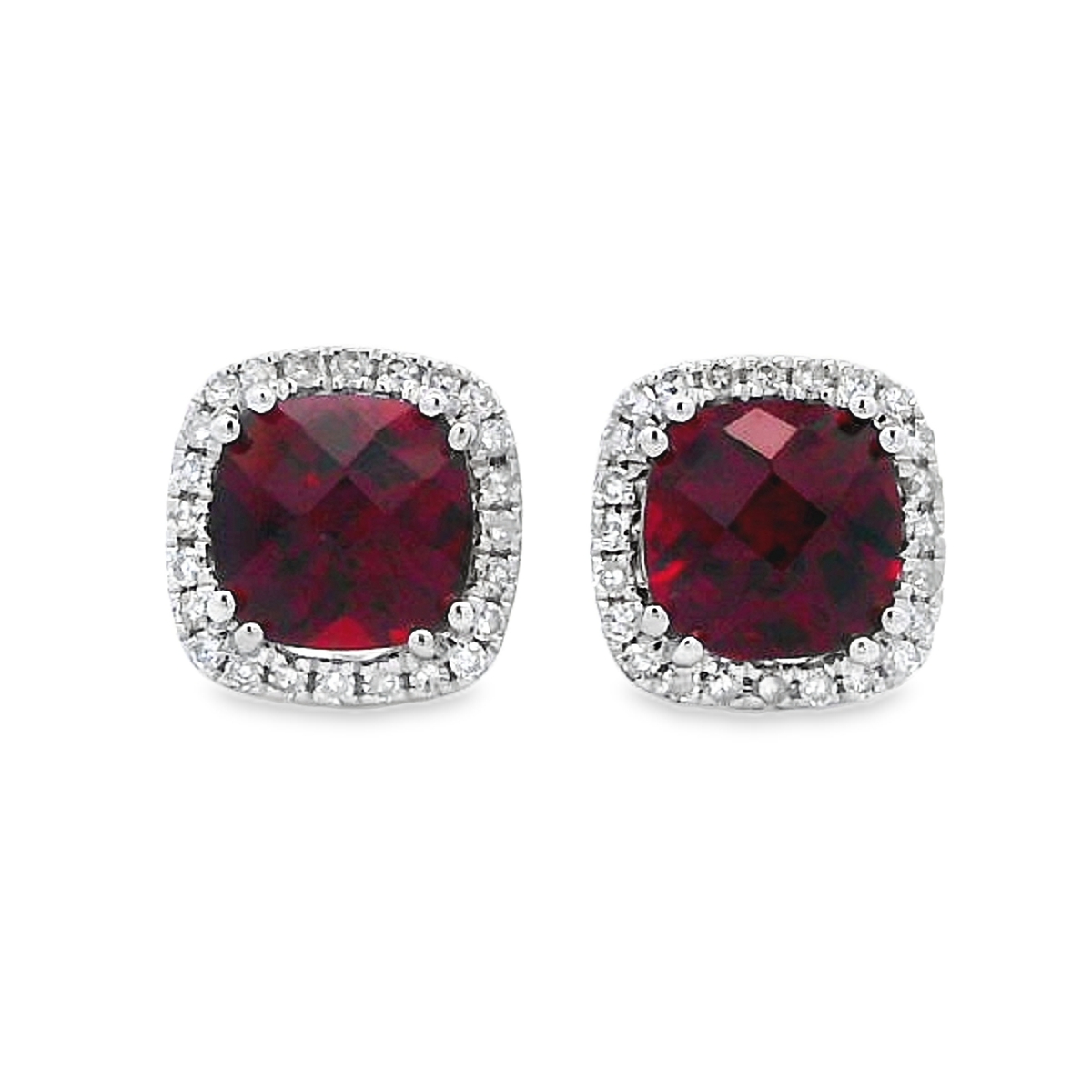 14K White Gold Cushion Garnet Diamond Halo Studs