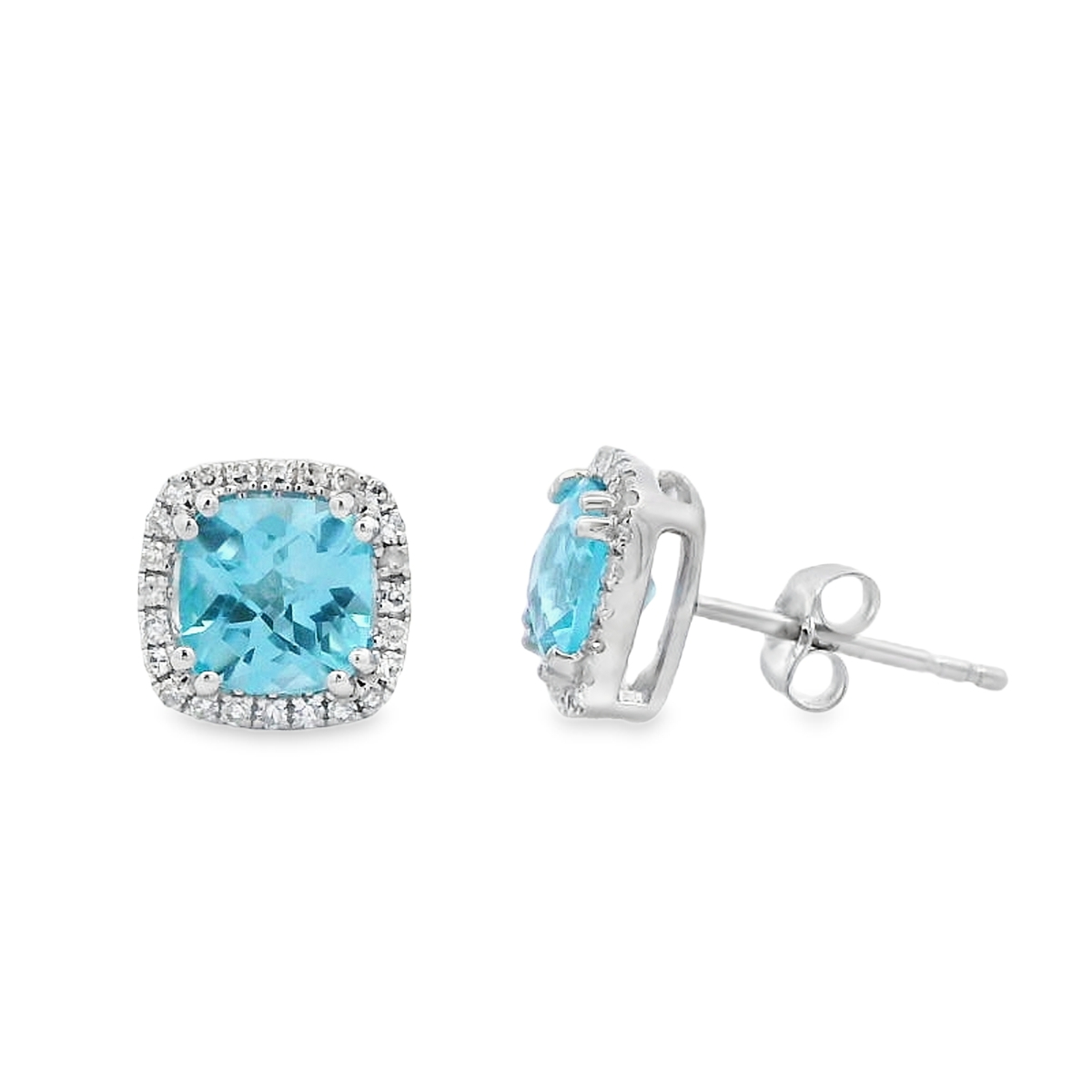 14K White Gold Cushion Blue Topaz Diamond Halo Studs