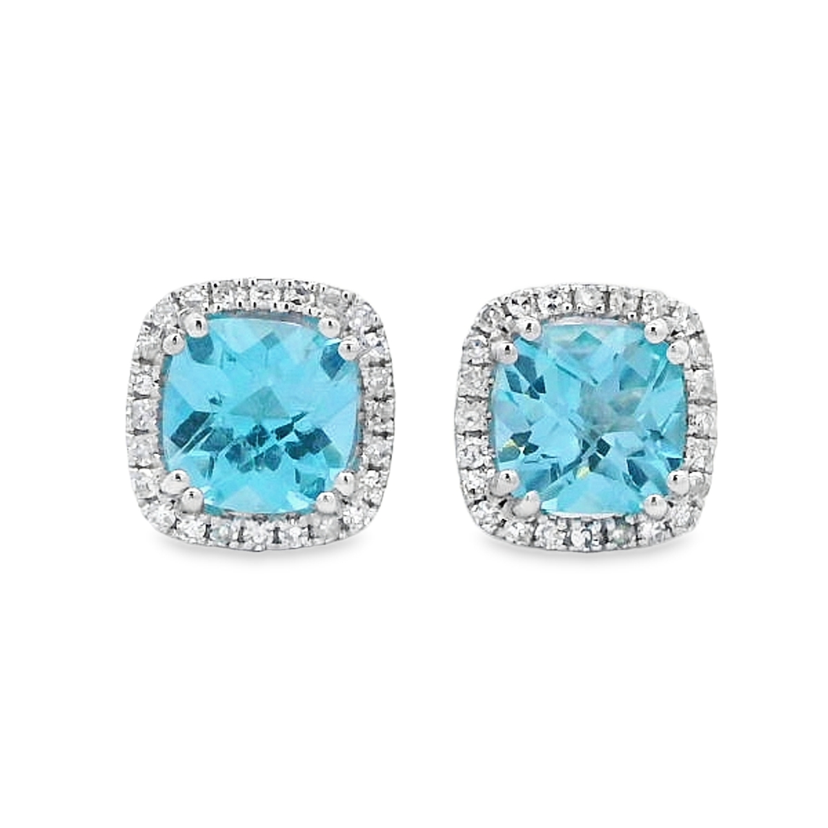 14K White Gold Cushion Blue Topaz Diamond Halo Studs
