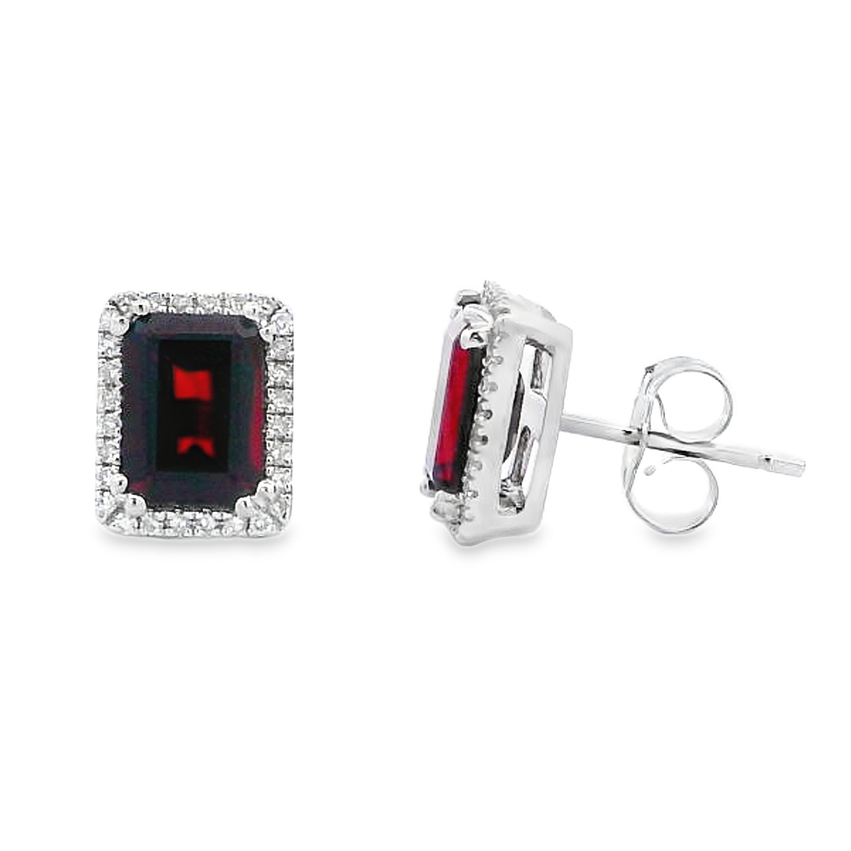 14K White Gold Emerald-Shaped Garnet Diamond Halo Studs
