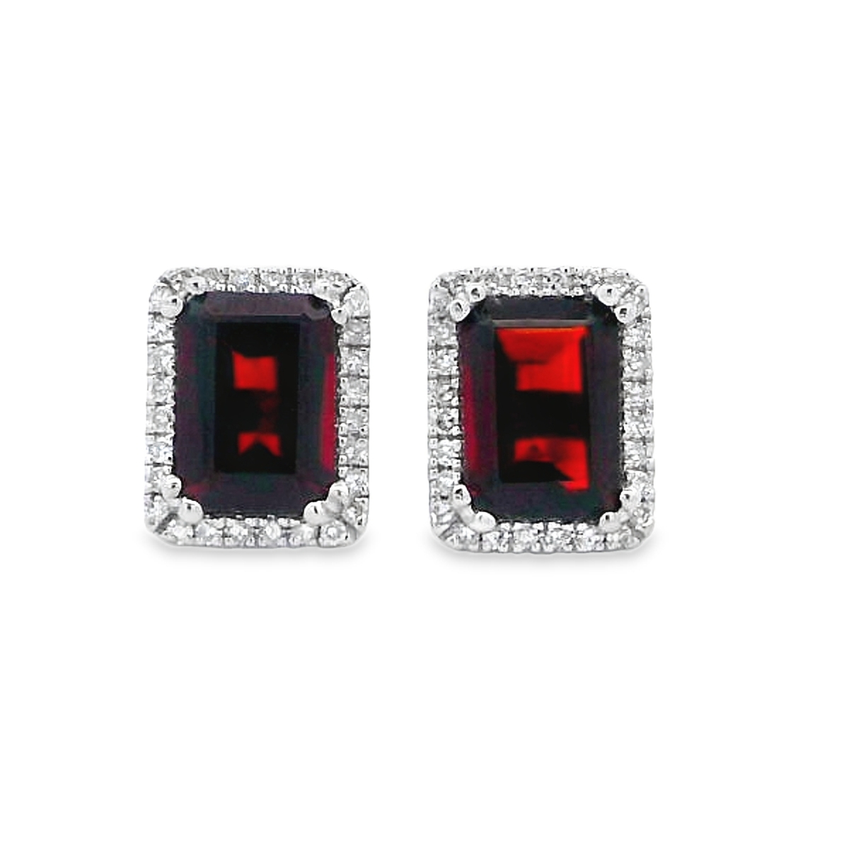 14K White Gold Emerald-Shaped Garnet Diamond Halo Studs