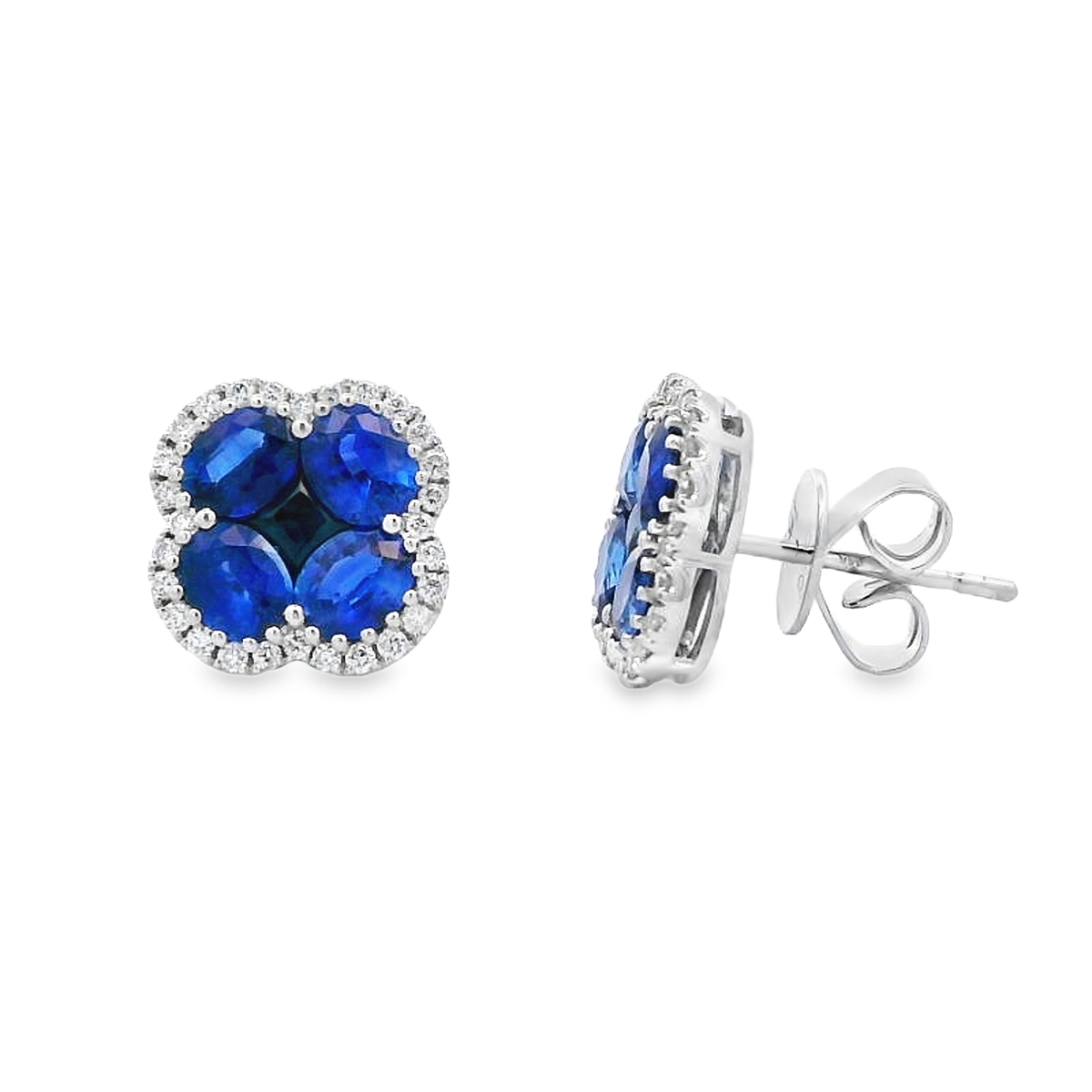 14K White Gold Sapphire Diamond Cluster Stud Earrings