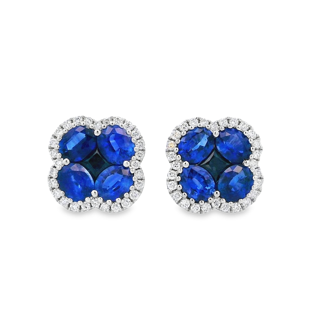 14K White Gold Sapphire Diamond Cluster Stud Earrings