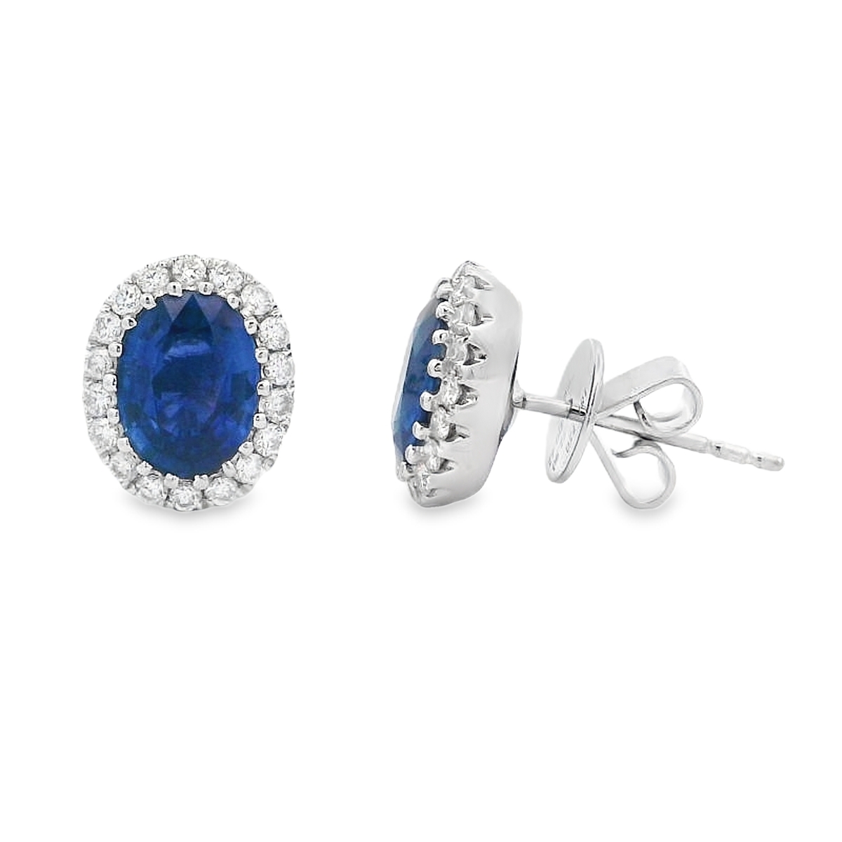 18K White Gold Oval Sapphire and Diamond Halo Studs