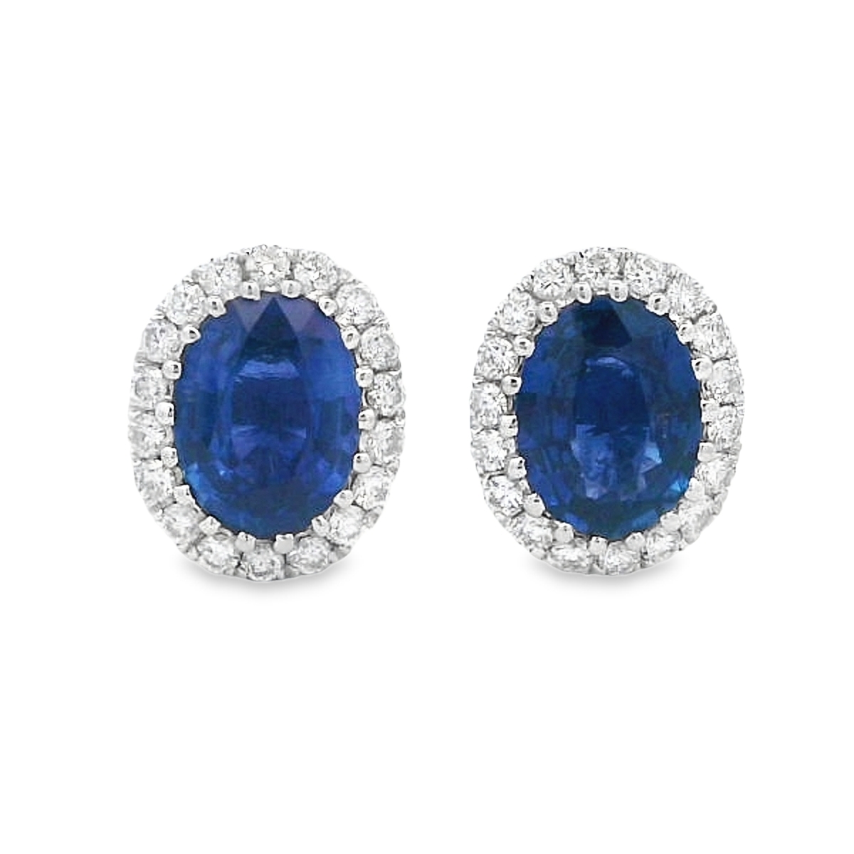 18K White Gold Oval Sapphire and Diamond Halo Studs