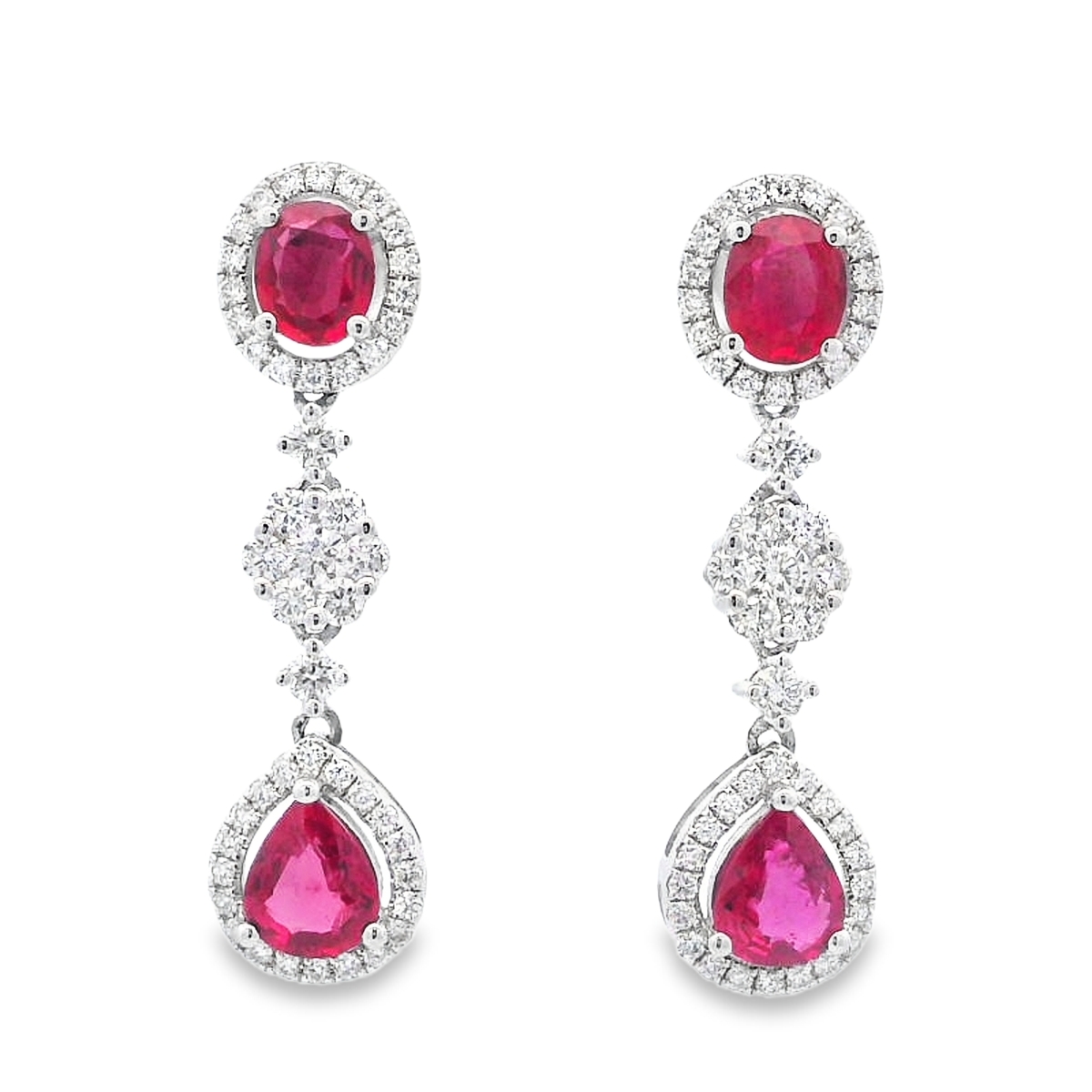 18K White Gold Triple-Drop Ruby and Diamond Earrings