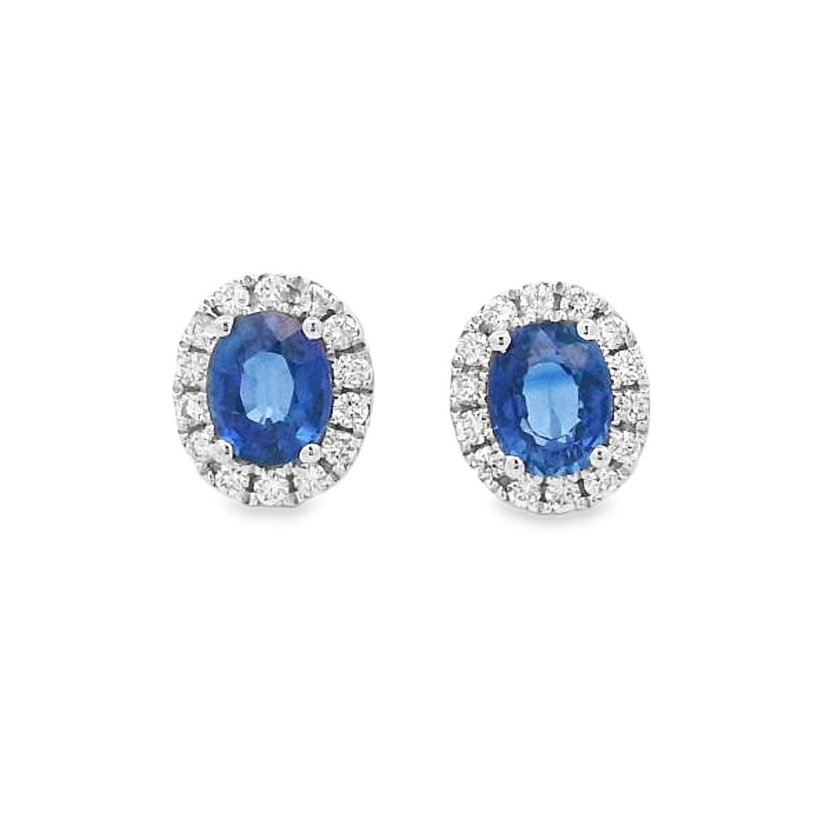 18K White Gold Small Oval Sapphire& Diamond Halo Studs