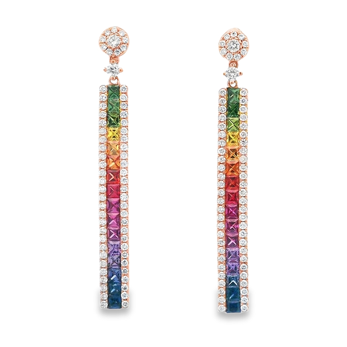 18K Rose Gold Rainbow Sapphire Drop Stud Earrings
