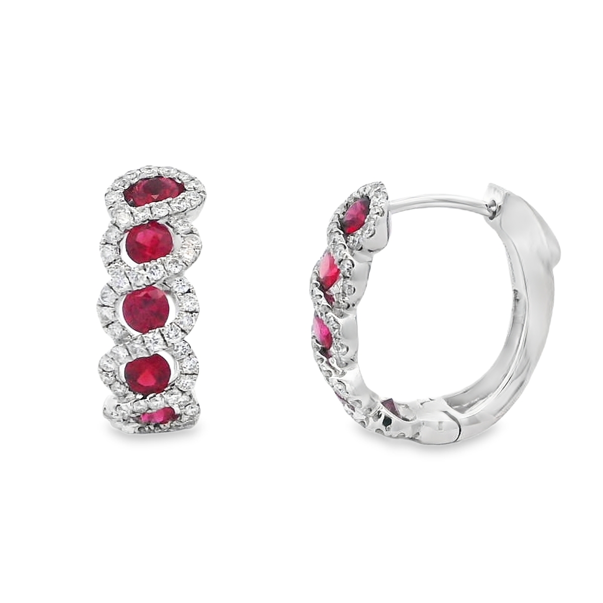 18K White Gold Ruby & Diamond Twist Halo Hoops