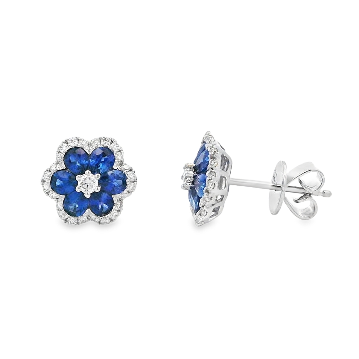 18K White Gold Sapphire & Diamond Flower Studs