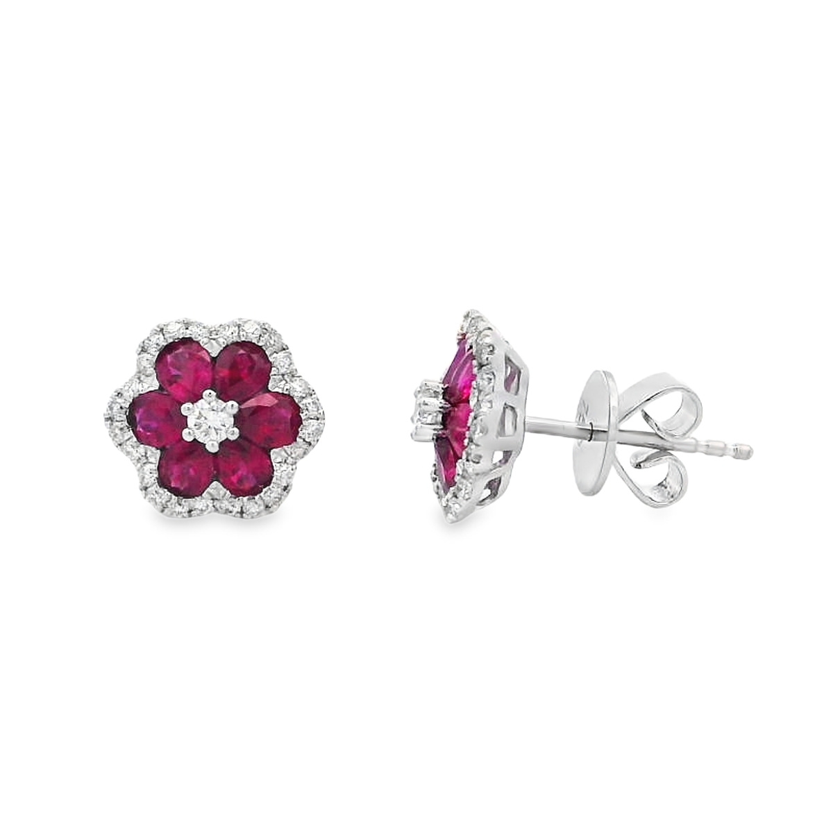 18K White Gold Ruby and Diamond Flower Studs
