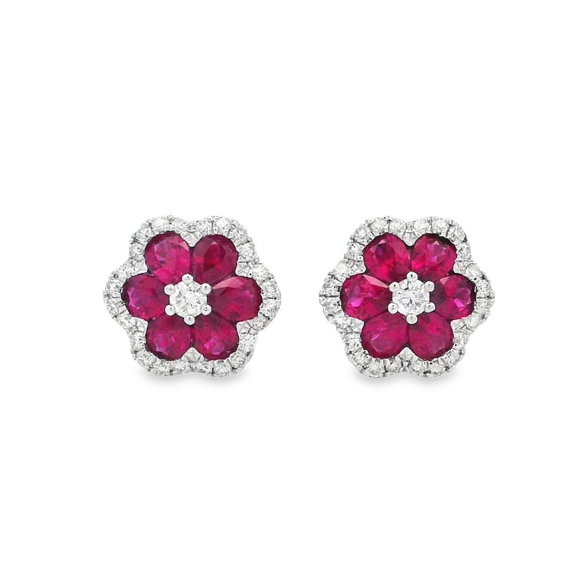 18K White Gold Ruby and Diamond Flower Studs