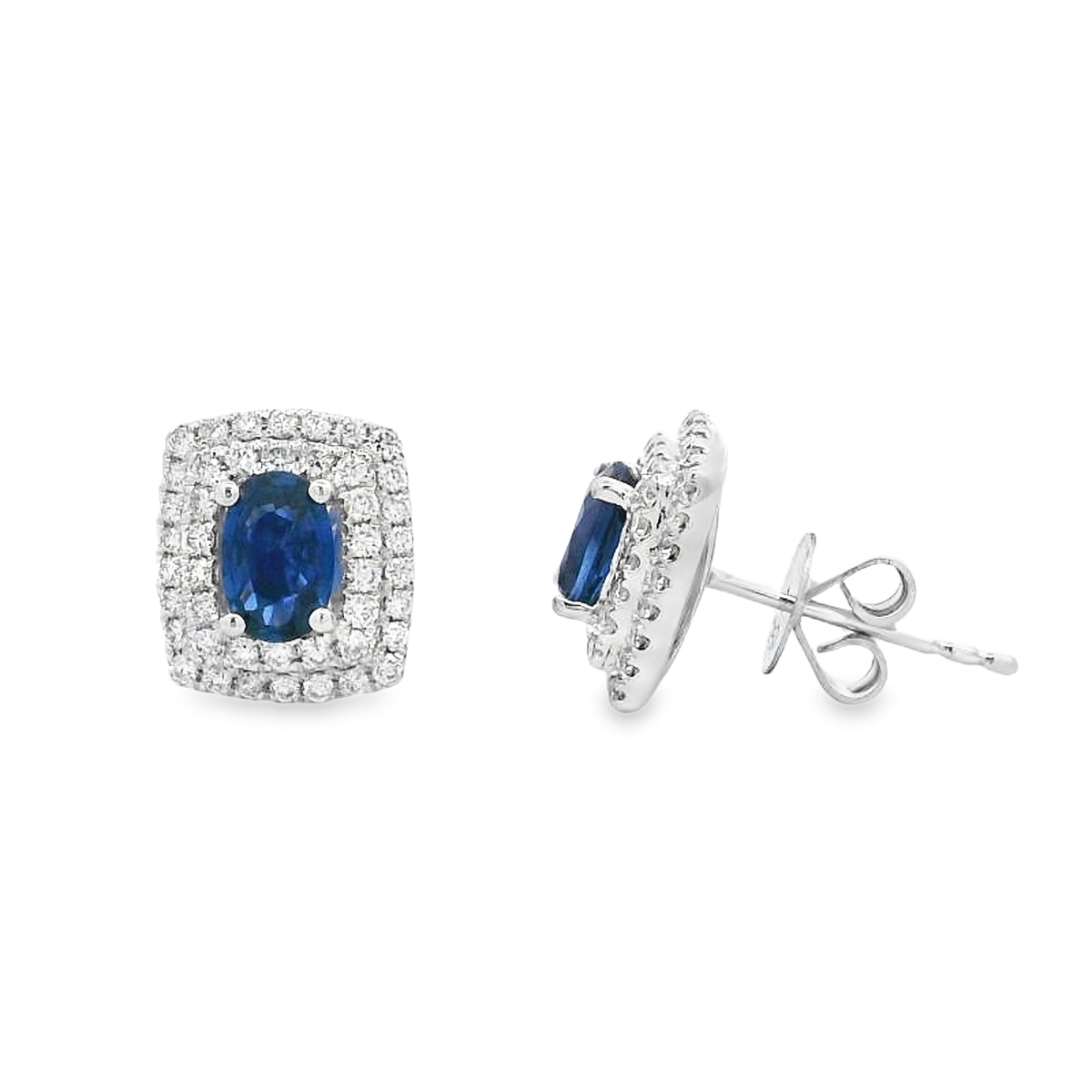 18K White Gold Rectangle Double Halo Sapphire & Diamond Studs