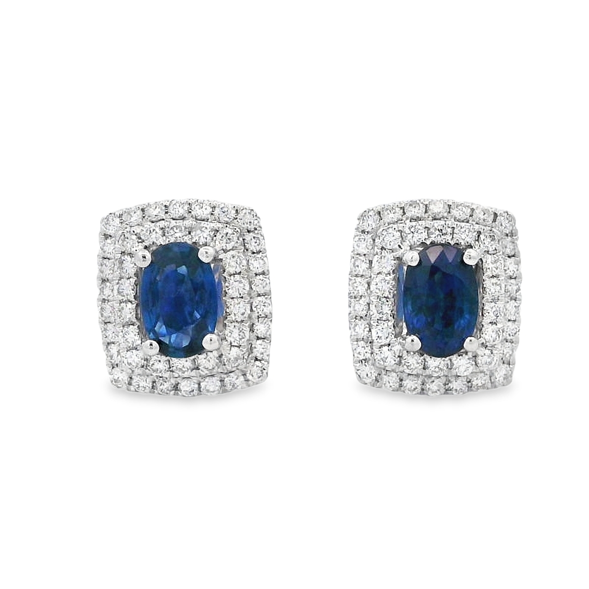 18K White Gold Rectangle Double Halo Sapphire & Diamond Studs