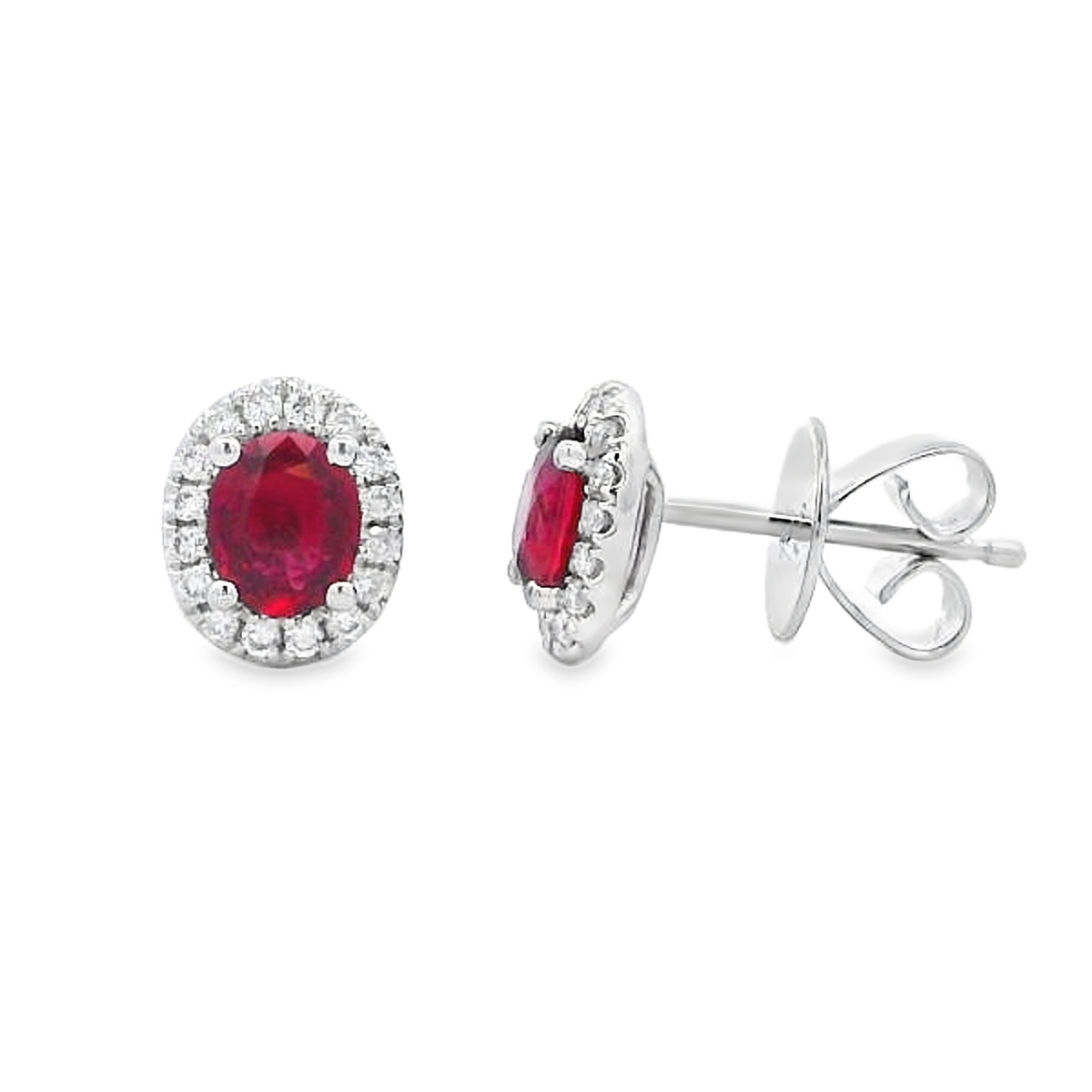 18K White Gold Oval Ruby & Diamond Halo Studs