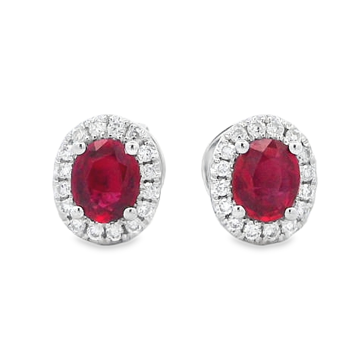 18K White Gold Oval Ruby & Diamond Halo Studs