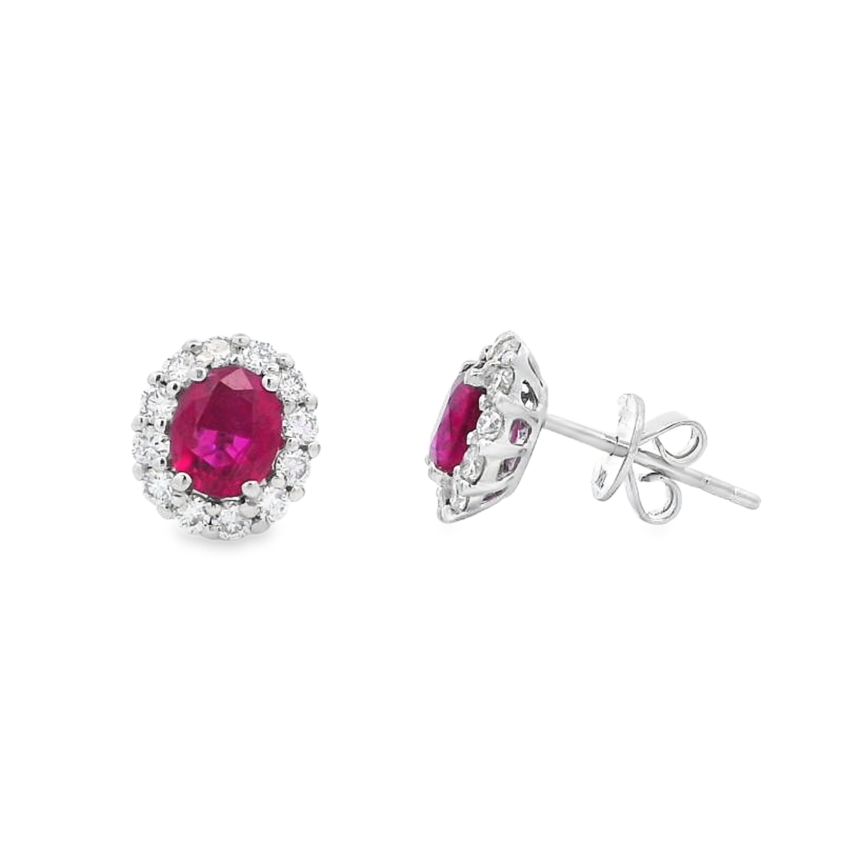 18K White Gold Medium Oval Ruby & Diamond Halo Studs