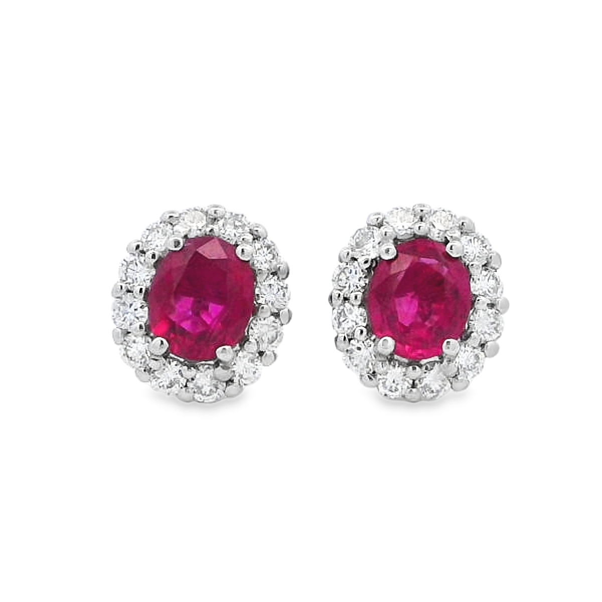 18K White Gold Medium Oval Ruby & Diamond Halo Studs