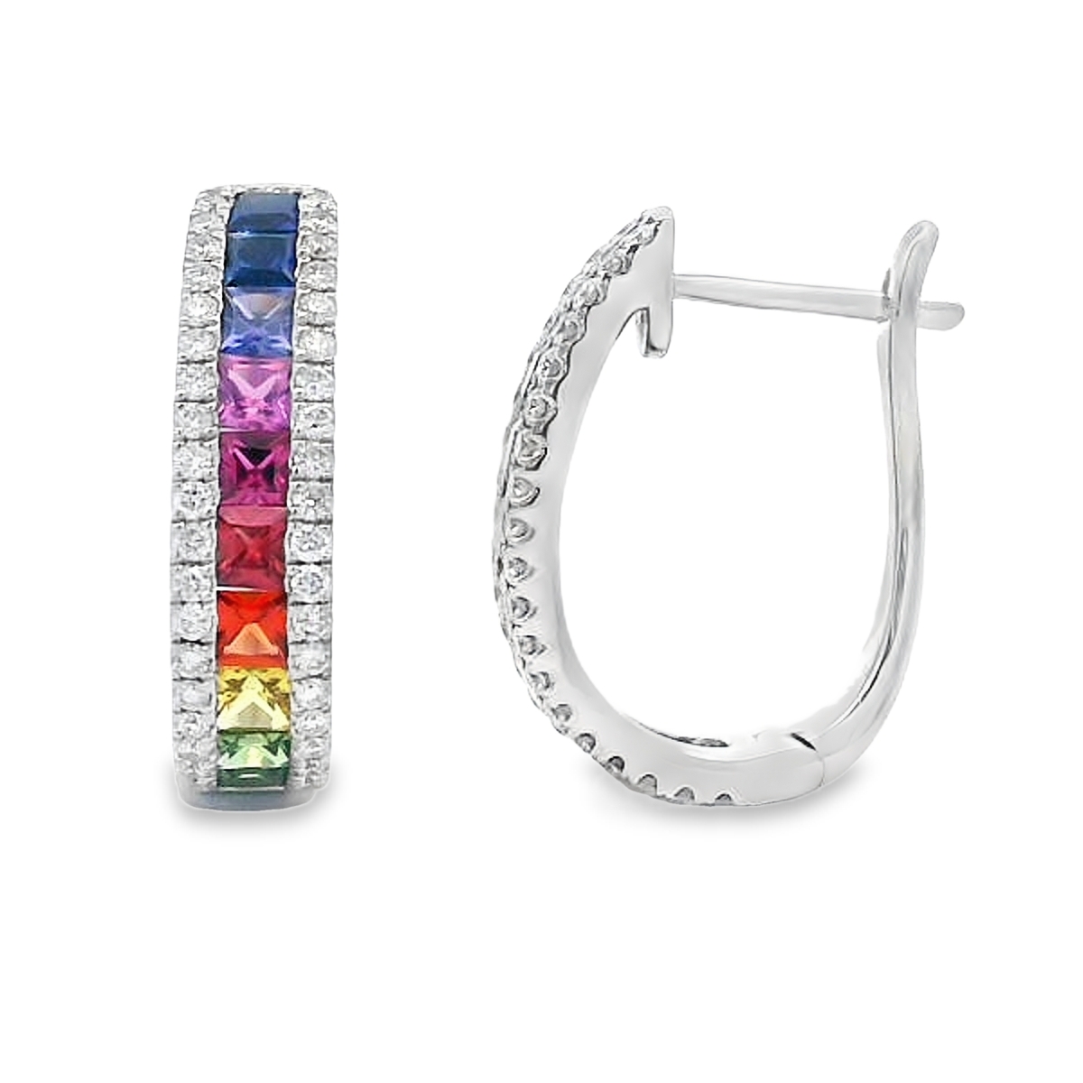18K White Gold Rainbow Sapphire & Diamond Straight Line Hoops