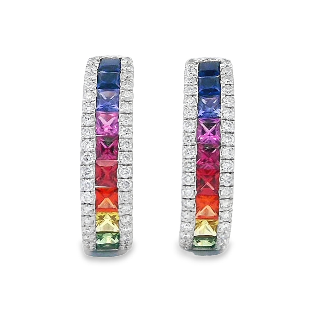 18K White Gold Rainbow Sapphire & Diamond Straight Line Hoops