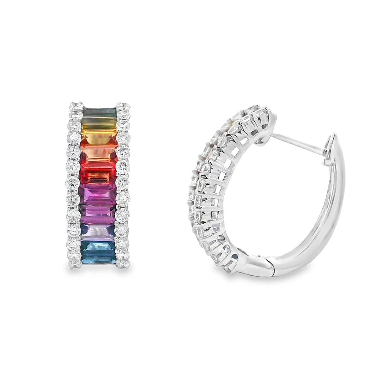 18K White Gold Rainbow Sapphire & Diamond Wide Hoops