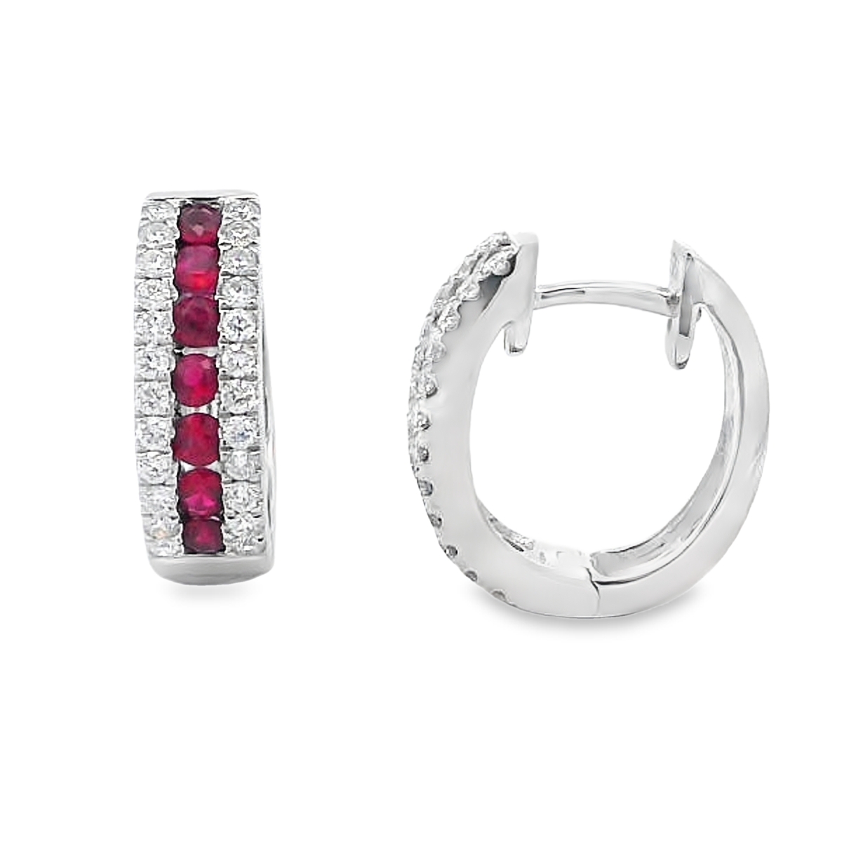 18K White Gold Ruby and Diamond Line Huggies